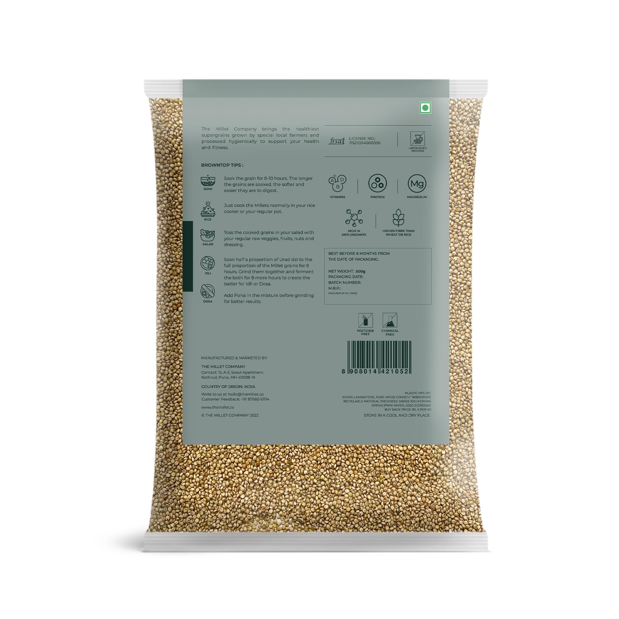 Organic Unpolished Millet Combo Pack - 5 Varieties (Browntop, Foxtail, Kodo, Barnyard & Little Millet) | High Fiber, Gluten-Free Ancient Grains | 5.5 lbs Natural Farm Produce | Perfect for Healthy Porridge, Baking & Vegan Recipes