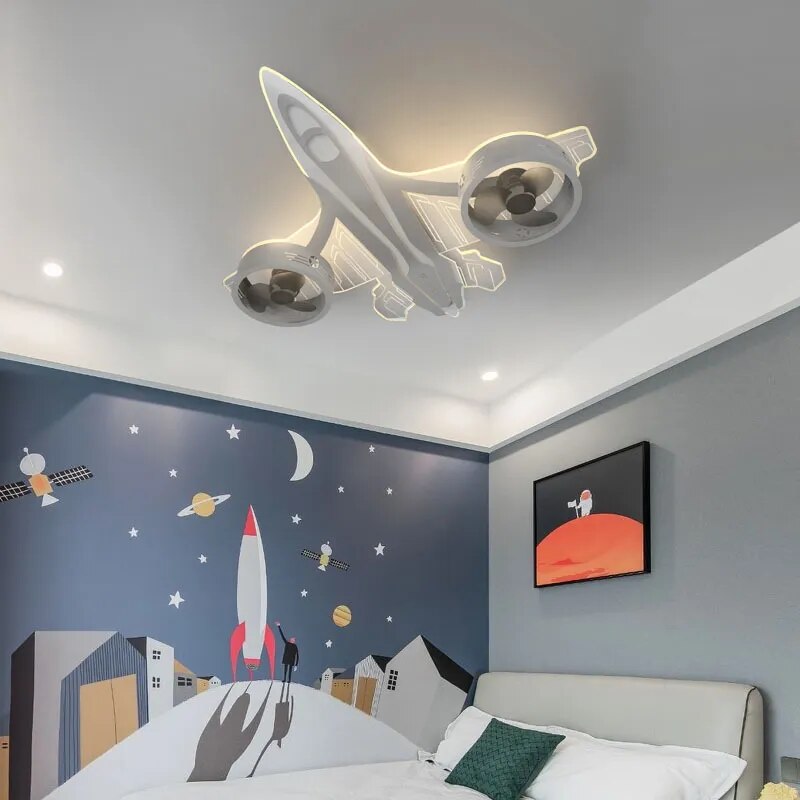 Kids Airplane Ceiling Light with Fan - Light Grey | Bedroom & Nursery Decor for Boys & Girls