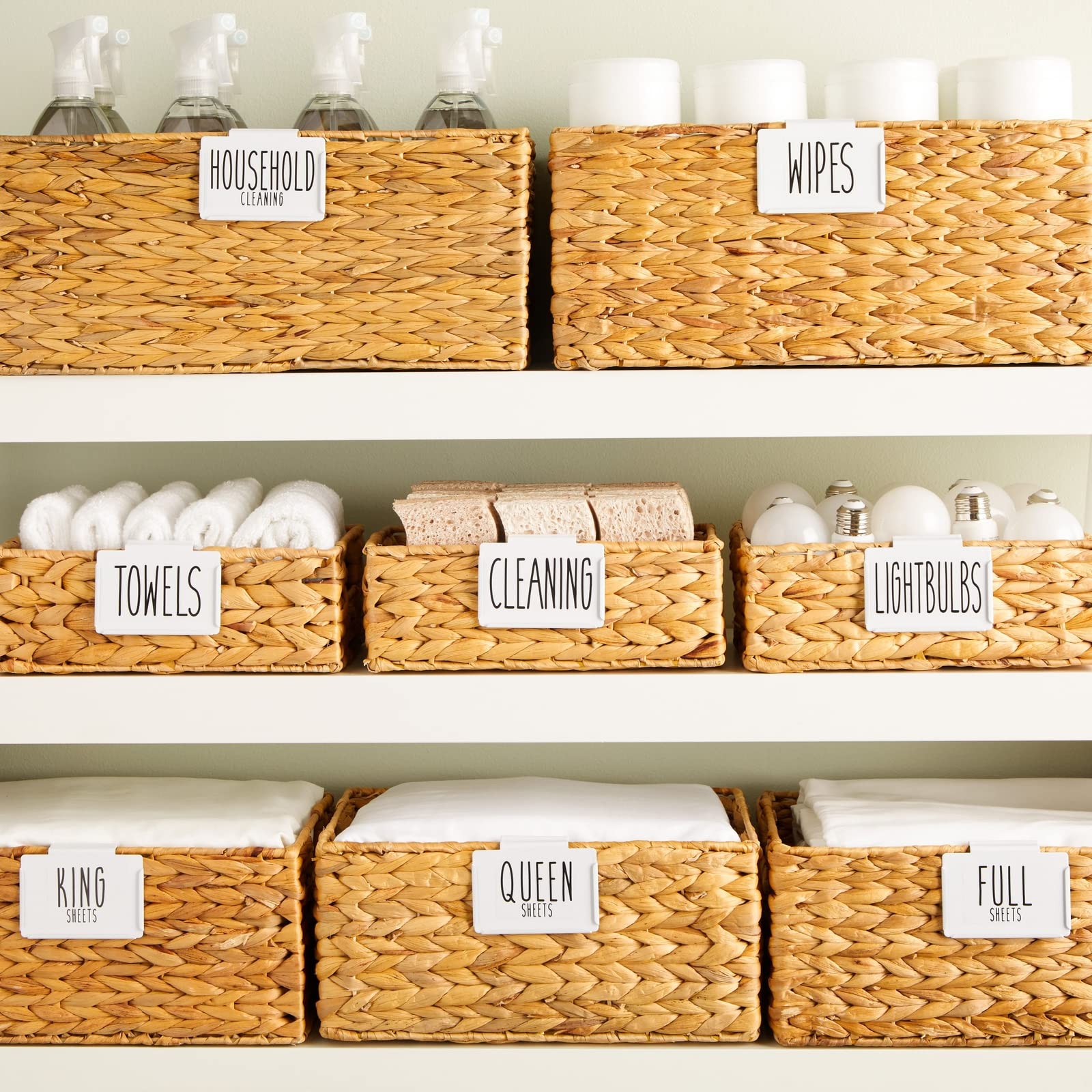 **8 Pack Metal Basket Label Clips with 70 Household Labels - Organize Storage Bins, Bathroom & Linen Closet - White - Perfect for Home, Office & Pantry Organization**