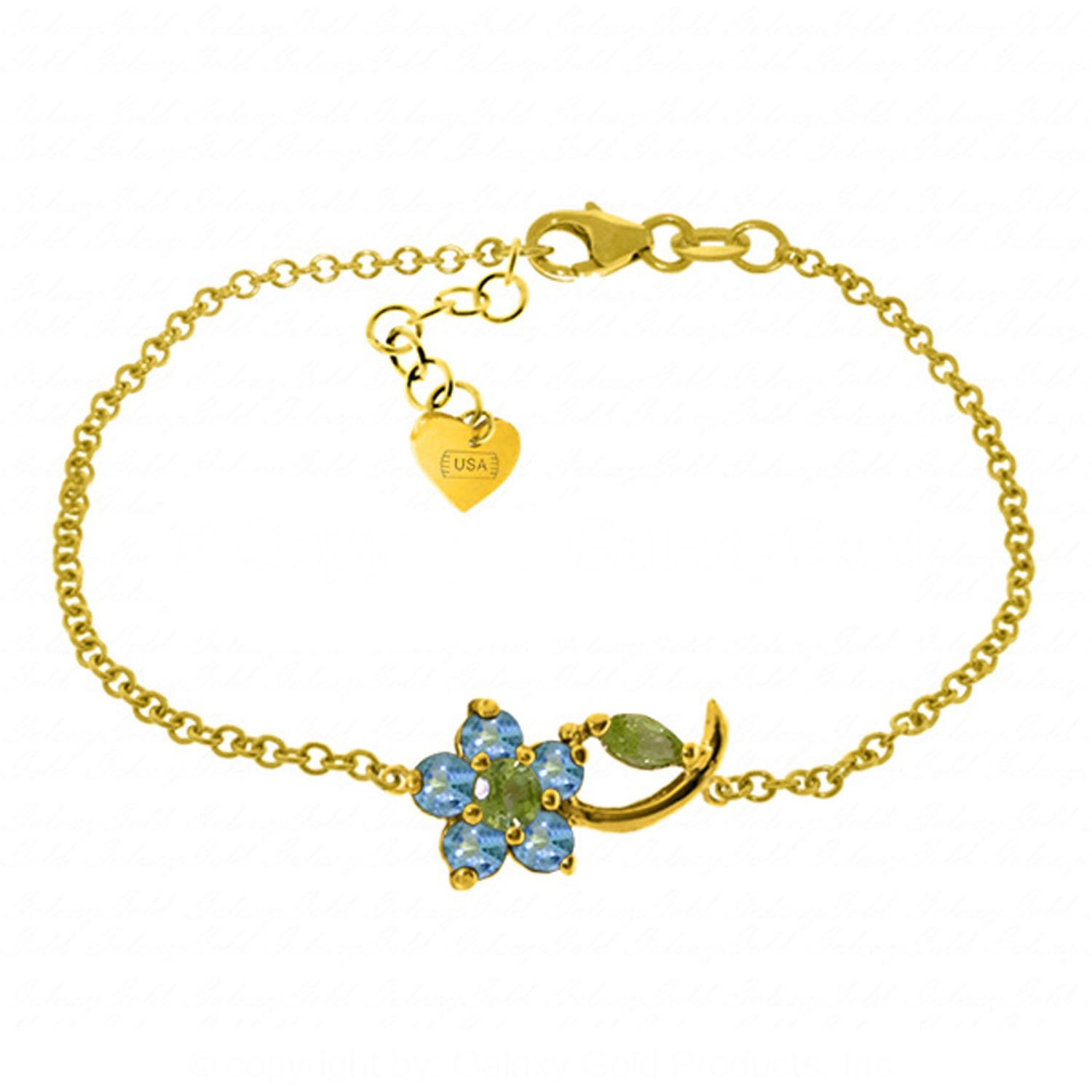 14K Yellow Gold Galaxy Gold GG Single Flower Bracelet with Blue Topaz & Peridots - Elegant Jewelry for Women, Perfect for Weddings, Parties & Special Occasions