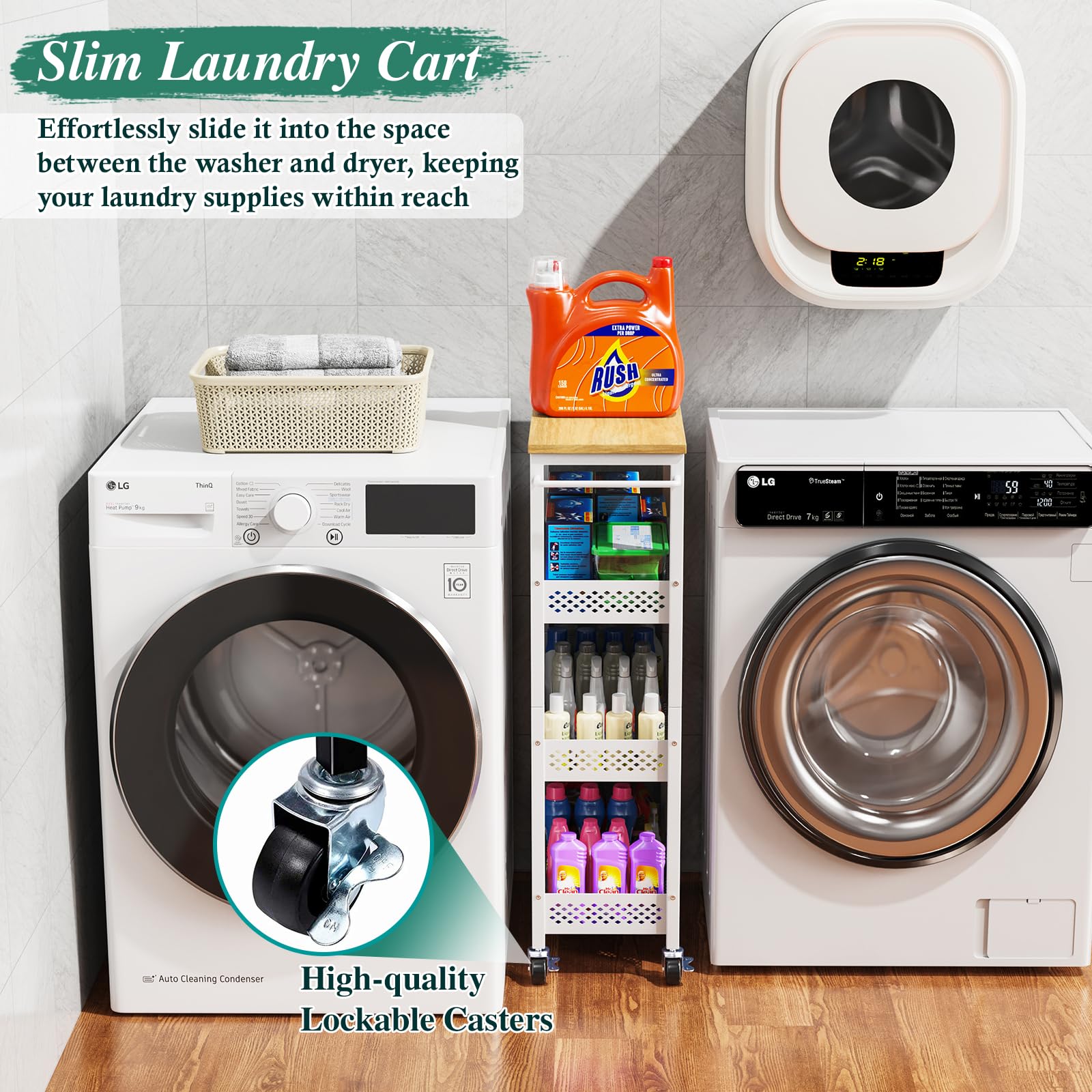 4-Tier Slim Rolling Storage Cart with Wheels - Narrow Metal Bathroom & Kitchen Organizer with Wood Top - Space-Saving Utility Cart for Laundry Room, Small Spaces - Perfect for Bathroom Essentials, Kitchen Supplies & Home Organization