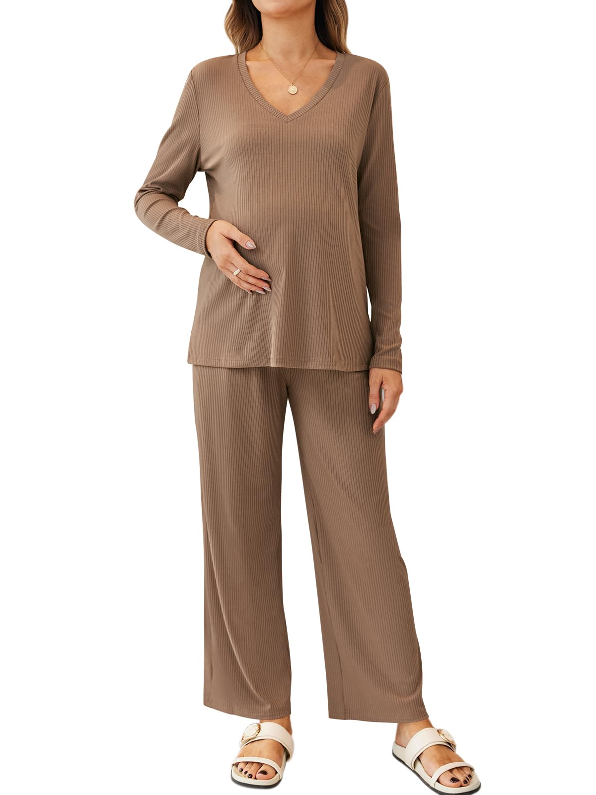 Comfortable Maternity Pajama Set for Women - 2 Piece Ribbed Nursing Pajamas with Long Sleeve V-Neck Top & Pants - Soft Pregnancy Loungewear for Sleeping, Nursing & Relaxing at Home