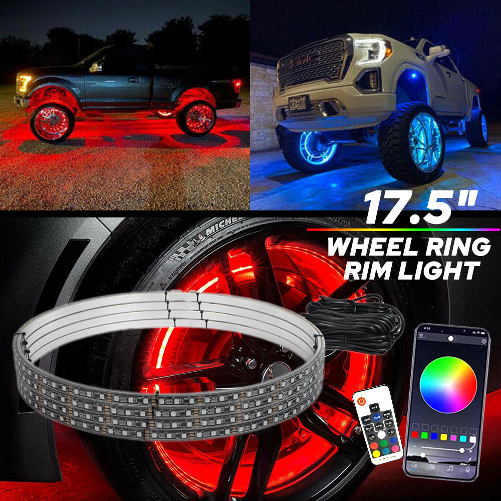 4 Pack 15.5 Inch LED Wheel Ring Lights - RGB Color Changing with Brake, Chase & Turn Signals for Cars & Trucks - APP & Remote Control - Perfect for Off-Roading, Car Shows & Night Cruising