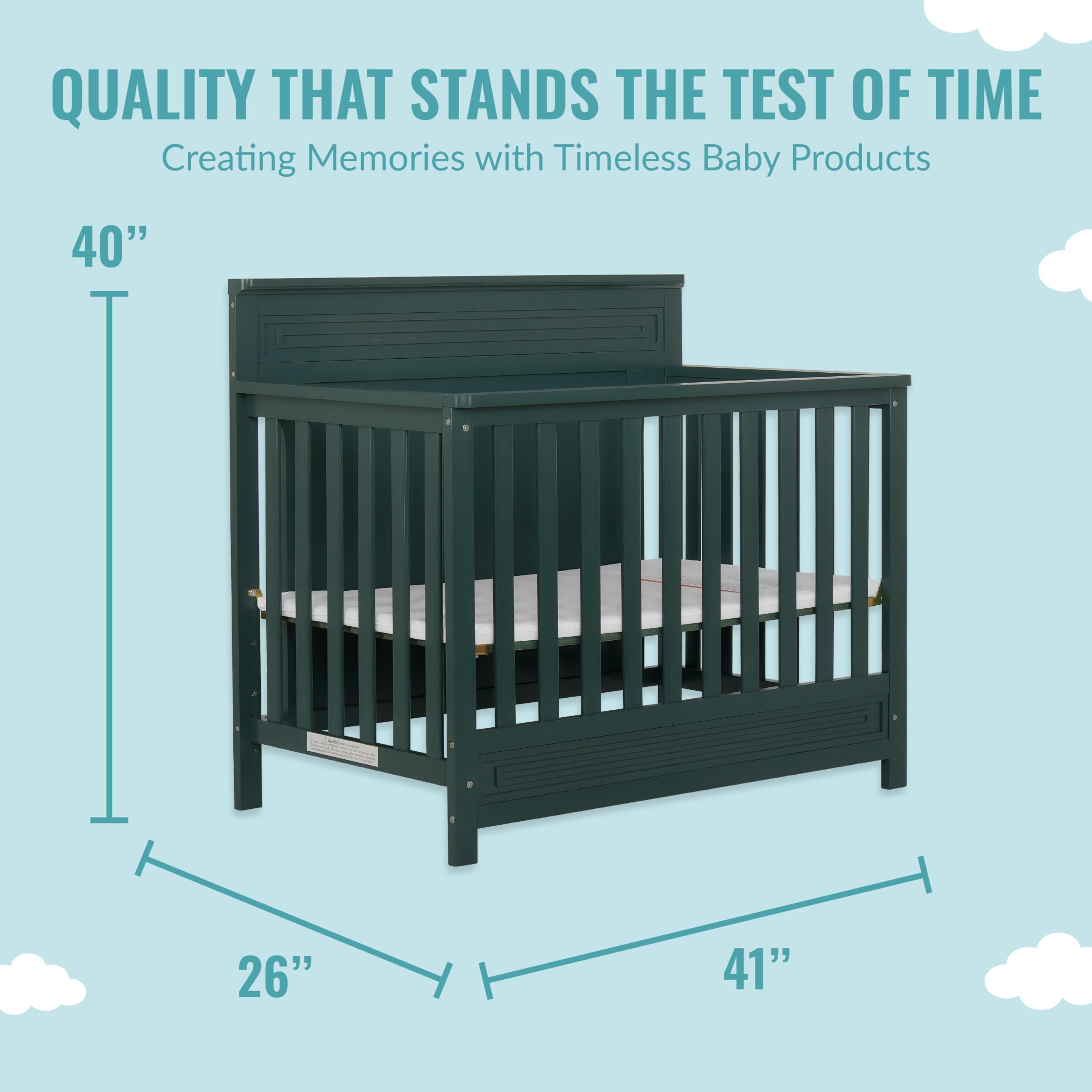 Dream On Me Harbor 4-in-1 Convertible Mini Crib - Solid Pinewood, JPMA Certified, Water-Based Paint Finish (Olive Green) | 3 Adjustable Mattress Heights | Perfect for Nursery, Small Spaces & Travel | Safe Baby Bed for Newborns to Toddlers