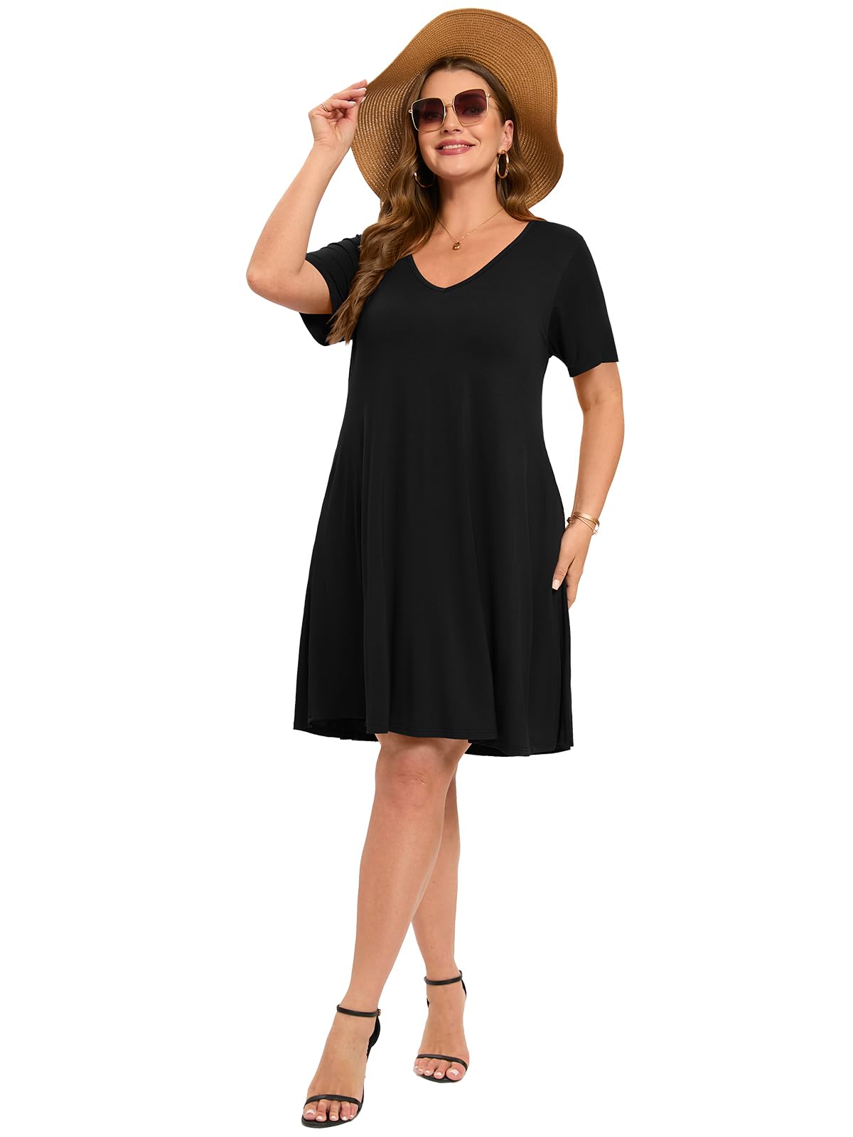ZENNILO Women's Plus Size Swing Dress with Pockets - Casual Summer V-Neck Short Sleeve T-Shirt Dress for Women | Perfect for Beach, Vacation & Everyday Wear