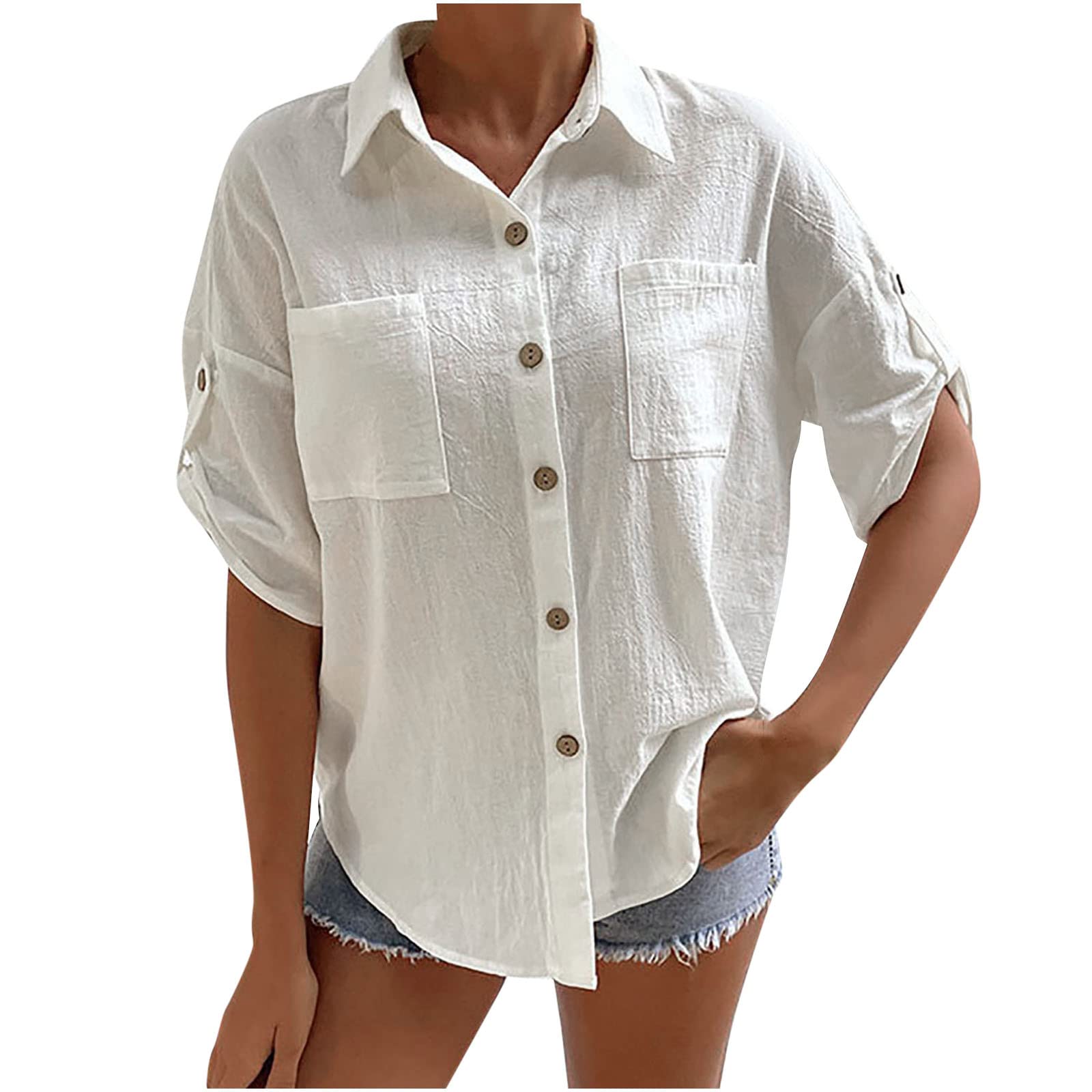 Women's Summer Beach Tank Tops - Button Down Short Sleeve Blouse in Solid Colors | Business Casual Lapel Shirts for Office, Vacation & Outdoor Activities