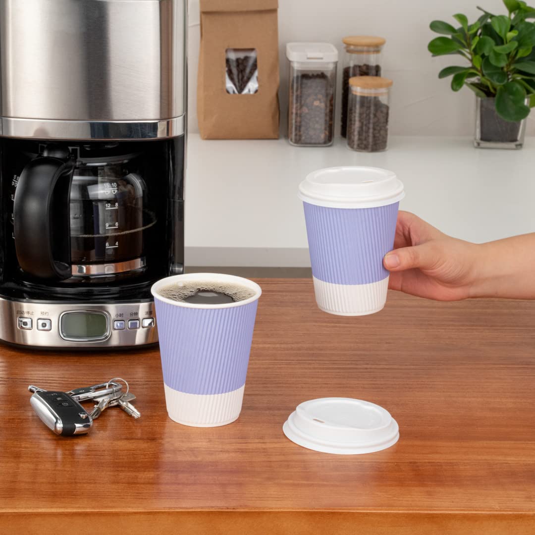 12oz Disposable Paper Coffee Cups (25 Pack) - Leakproof & Insulated Ripple Wall Hot Cups, Recyclable Light Purple - Perfect for Coffee Shops, Offices & Catering Events - Lids Sold Separately
