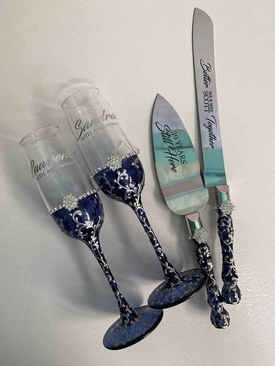 Navy Blue and Silver Wedding Toasting Flutes Set with Cake Server - Elegant Champagne Glasses for Wedding Toast, Anniversary, Bridal Shower & Special Celebrations