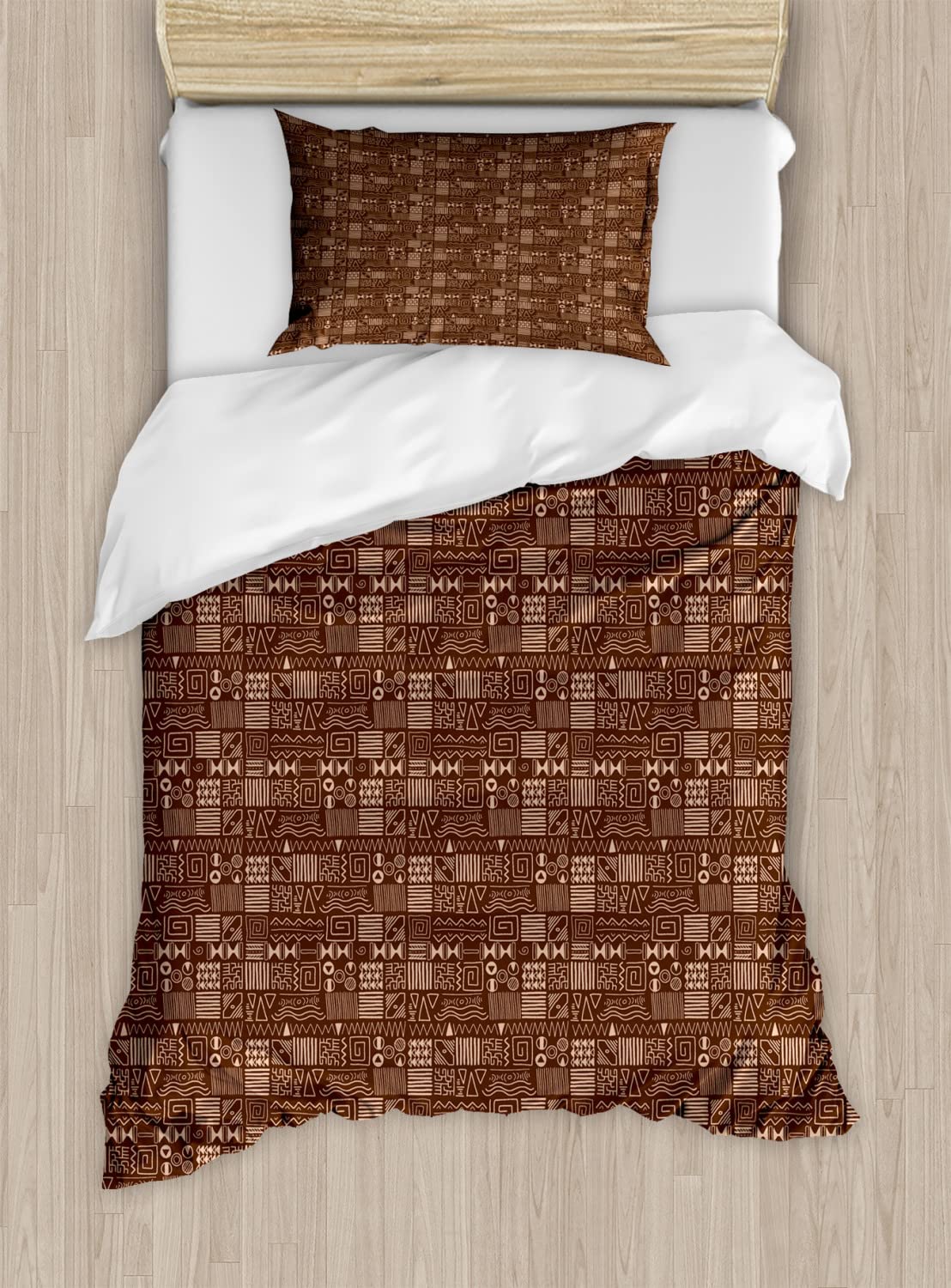 Ambesonne Folk Art Duvet Cover Set - Abstract Indigenous Pattern King Size 2-Pack with 2 Duvet Covers & 4 Pillowcases in Chocolate & Ecru - Bohemian Bedroom Decor for Cozy Home Styling