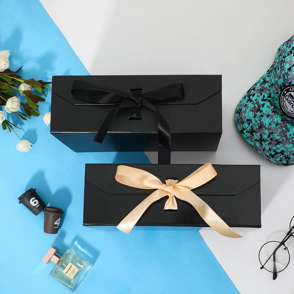 Premium 10x7.3x3.5 Inch Black Gift Box with Magnetic Closure & Ribbon - Elegant Empty Present Box for Weddings, Groomsmen Gifts, Jewelry & Luxury Packaging (Glossy Black) - Perfect for Anniversary, Birthday & Holiday Gift Wrapping