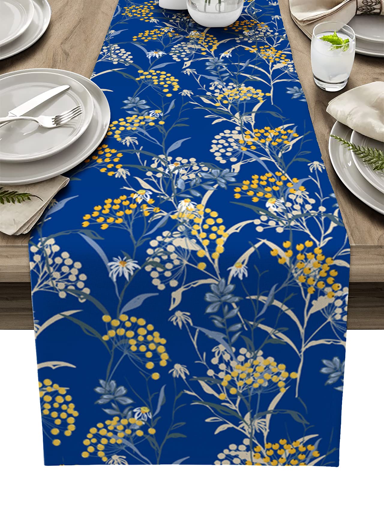 108 Inch Burlap Linen Table Runner - Retro Yellow Flower Autumn Harvest Kitchen Decor, Farmhouse Dining Table Scarf for Coffee Table, Wedding & Banquet | Perfect for Fall Home Decor, Rustic Parties, and Farmhouse Style Events