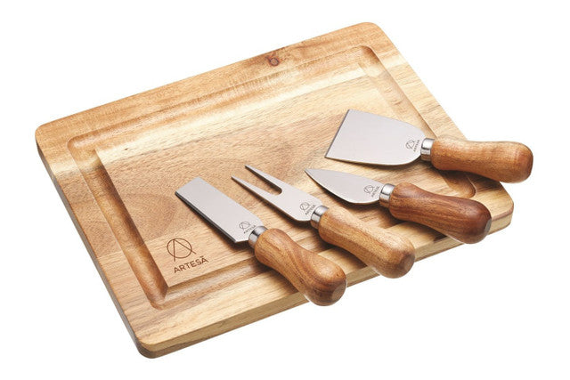 Premium Acacia Wood Cheese Board & Knife Set - 5 Piece Charcuterie Serving Platter with Stainless Steel Knives for Entertaining, Wine Pairing & Gourmet Cheese Presentation