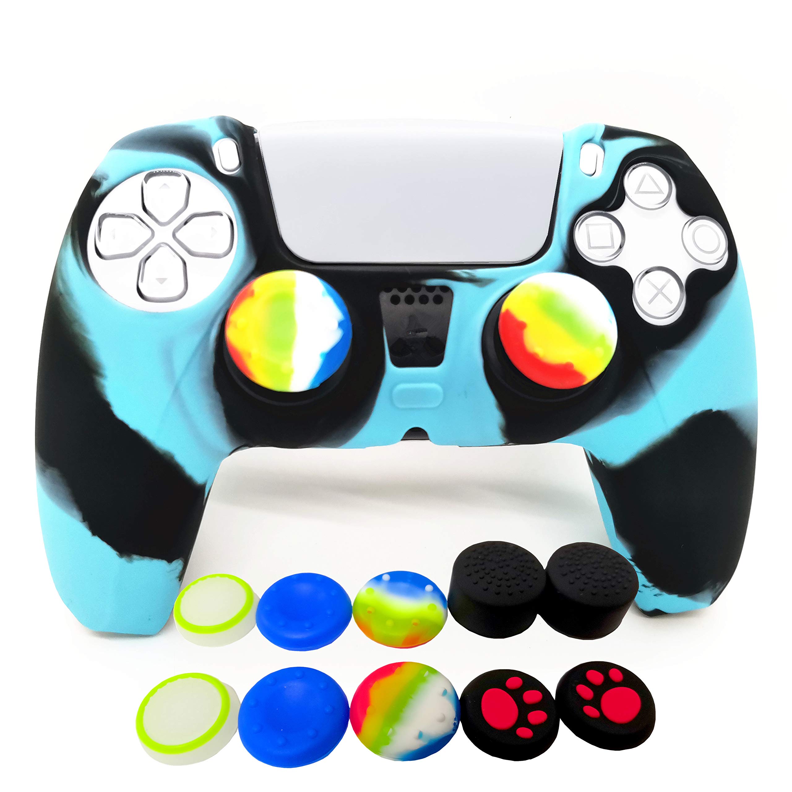 Premium Silicone PS5 Controller Cover - Anti-Slip Grip Skin for PlayStation 5 with 10pcs Thumbstick Caps (Sky Blue & Black) - Perfect for Gaming, Protection & Enhanced Comfort