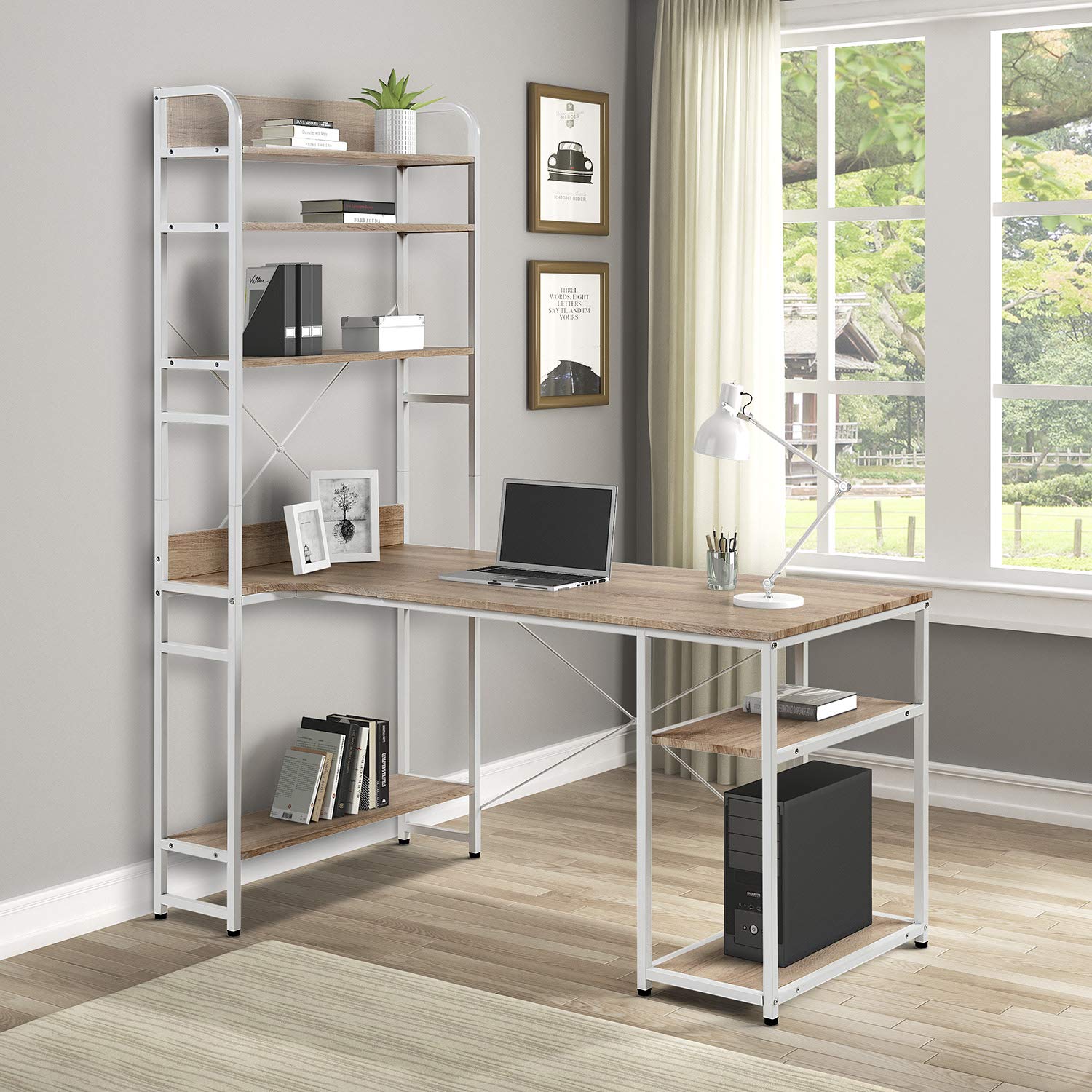 Modern Home Office Computer Desk with 5-Tier Bookshelf & 2 Open Storage Shelves - Sturdy Study Writing Table Workstation with Metal Frame & CPU Stand for Laptop, Printer, Books (Oak) - Perfect for Small Spaces, Remote Work & Online Learning