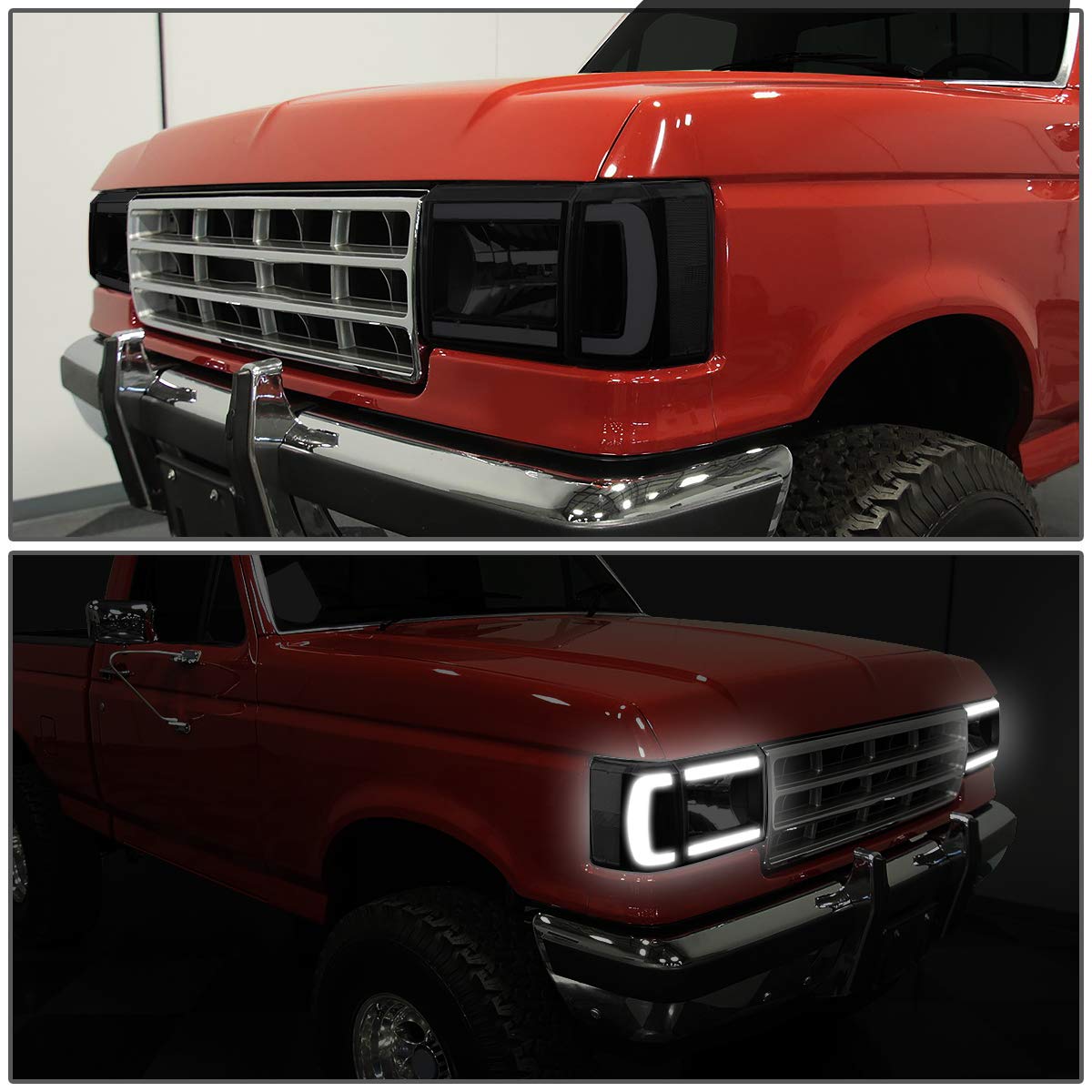 Auto Dynasty LED DRL Tinted Housing Clear Corner Projector Headlight with Bumper Lamps & Tool Kit - Compatible with Ford F150 F250 F350 & Bronco 1987-1991 Models | Upgrade Truck Lighting for Off-Road & Night Driving