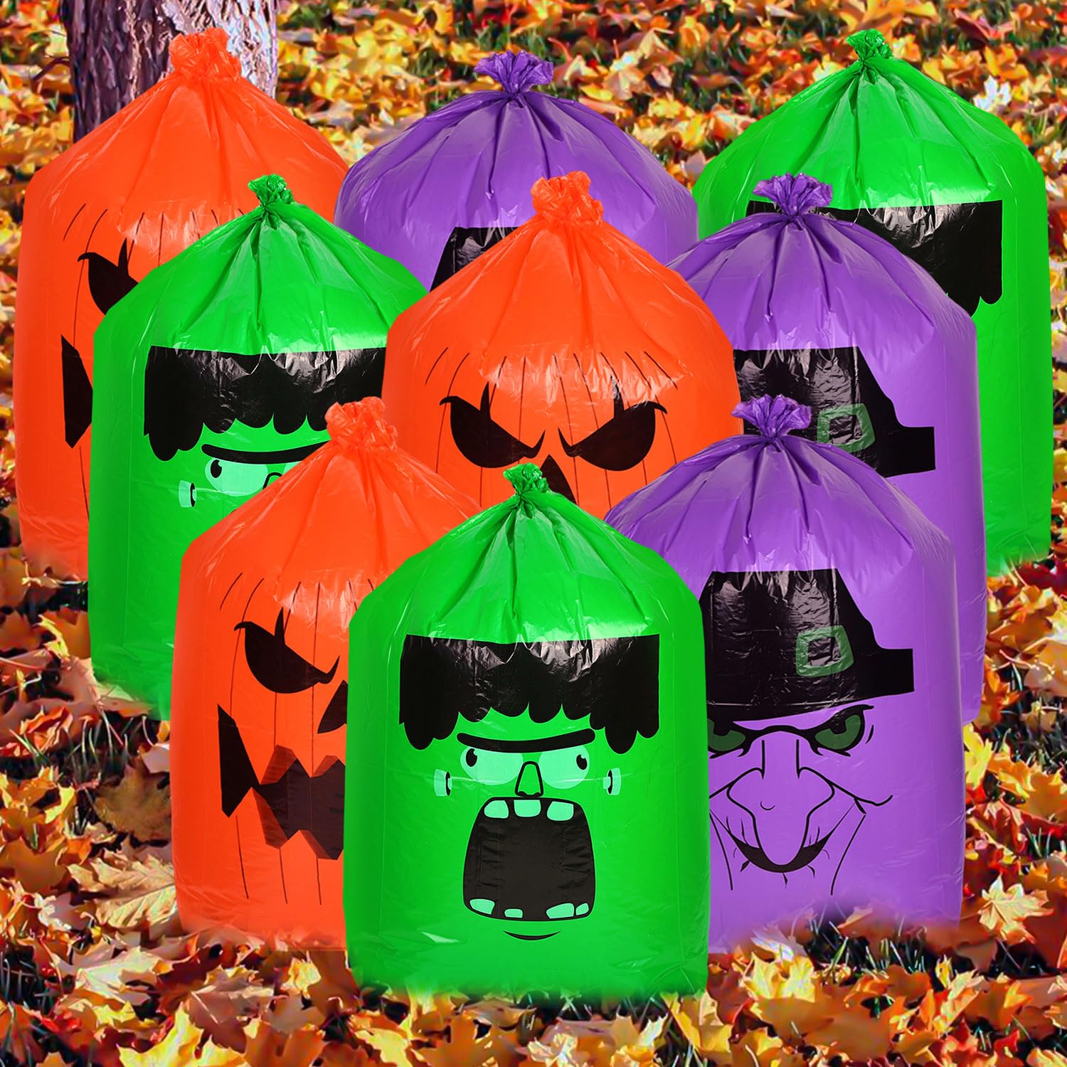 9PCS Halloween Leaf Bags - Large Plastic Pumpkin & Witch Design Trash Bags (3 Patterns) for Party Decor, Garden Waste, Lawn Cleanup & Outdoor Halloween Decoration - Perfect for Trick-or-Treat Night & Spooky Yard Displays