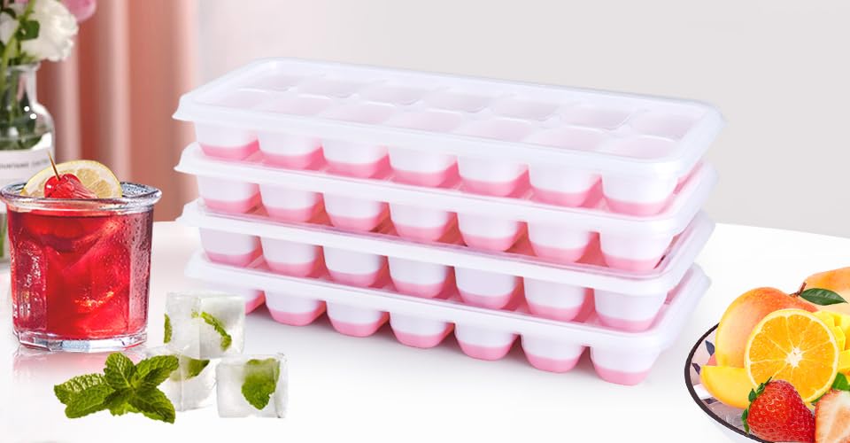 4 Pack Silicone Ice Cube Trays with Lids - Flexible, Easy Release & Stackable for Freezer - Spill-Proof Design Perfect for Cocktails, Iced Coffee & Party Drinks (Yellow)