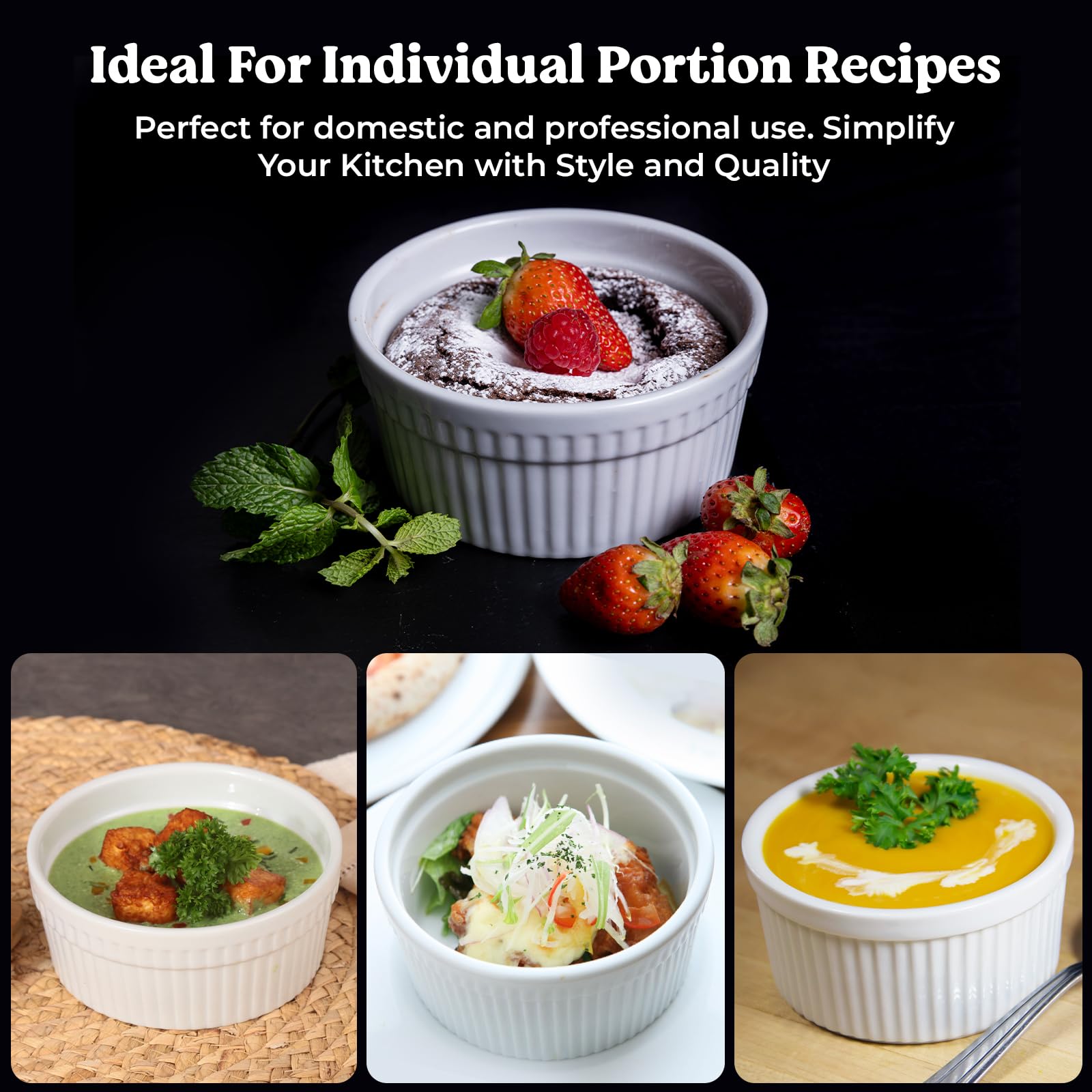 6-Piece Ceramic Ramekin Set - Non-Toxic White Porcelain Baking Cups (4 oz) - Oven & Dishwasher Safe for Desserts, Dips & Snacks - Perfect for Crème Brûlée, Soufflés & Party Appetizers