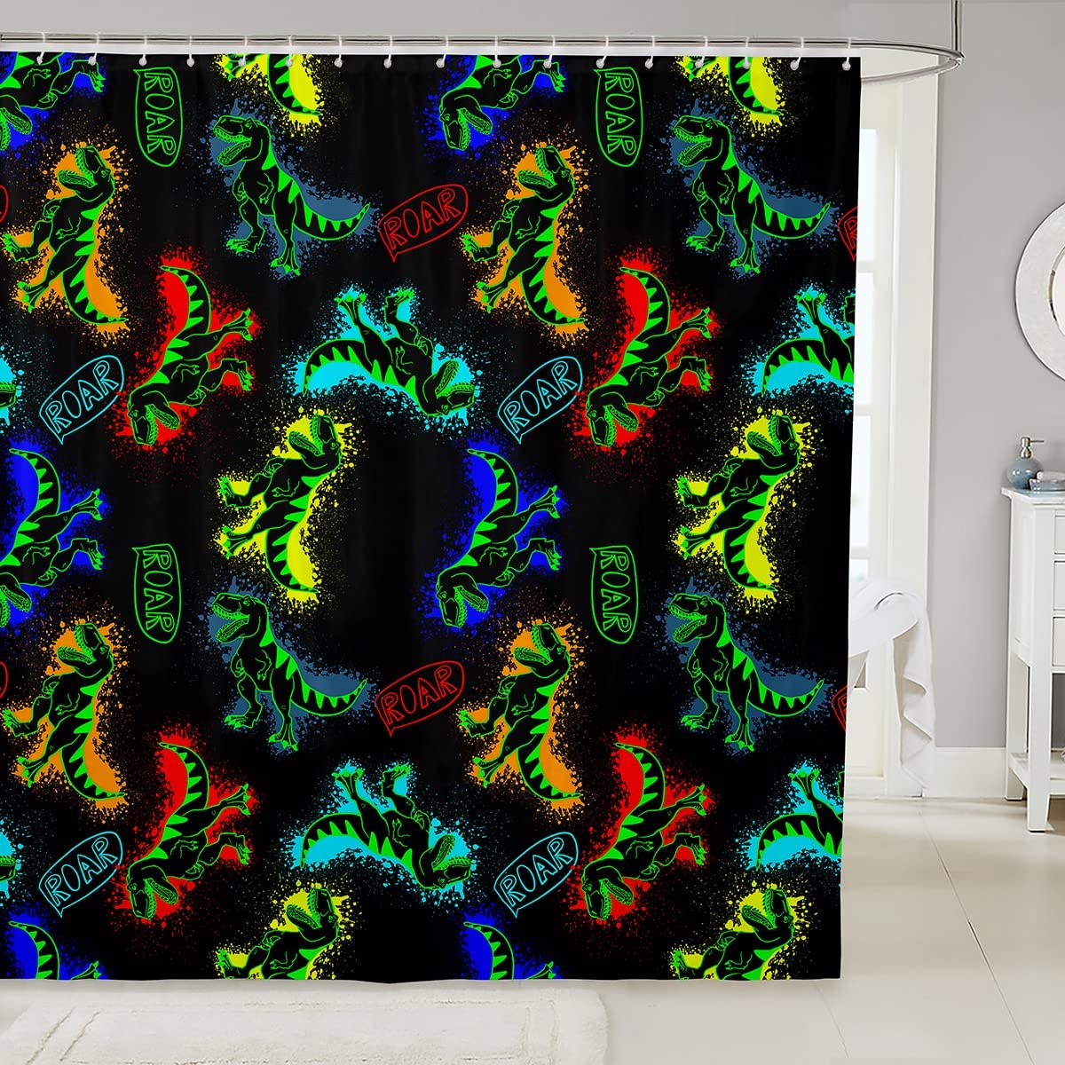 Colorful Cartoon Dinosaur Shower Curtain for Kids - Waterproof Bathroom Decor with Hooks, 72