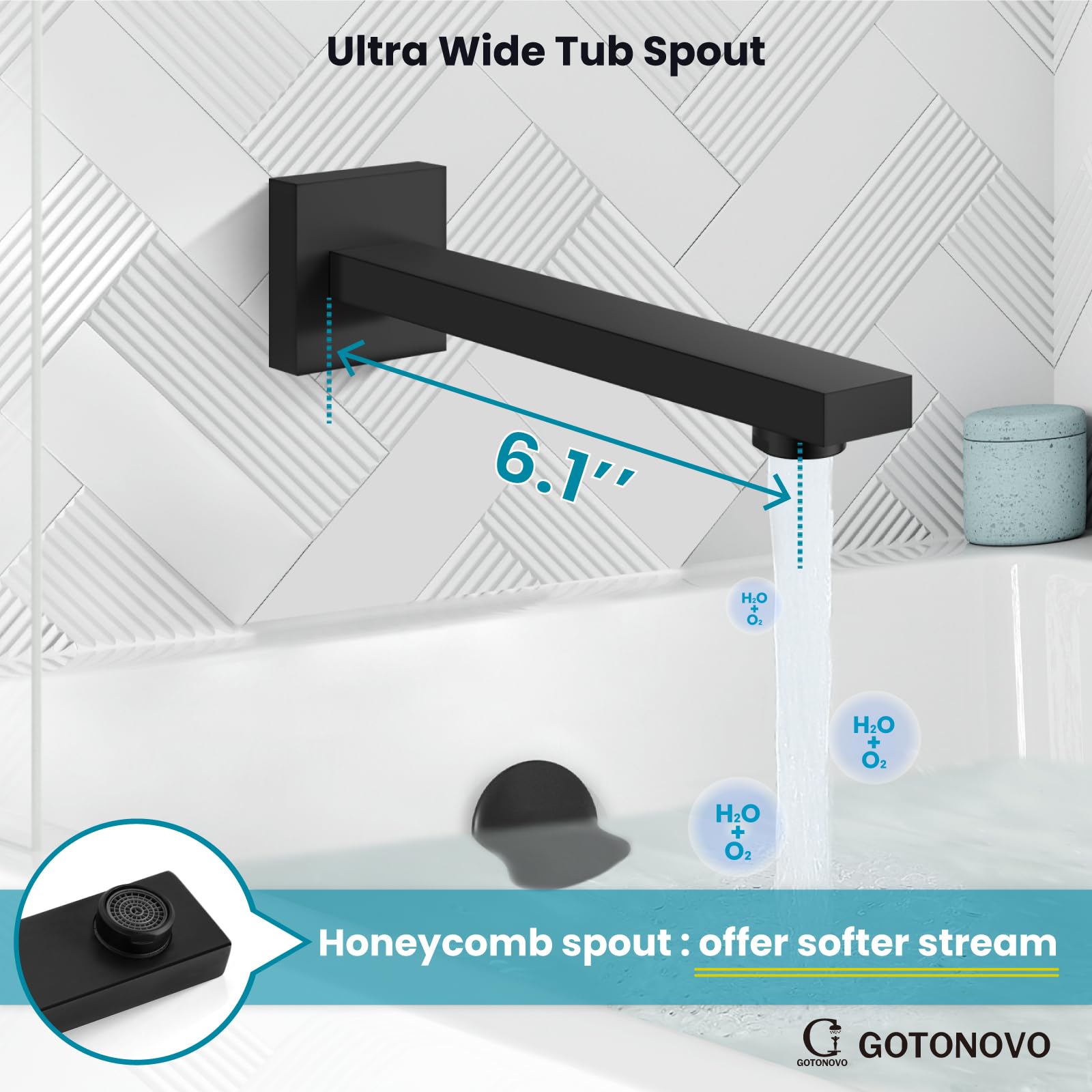 Gotonovo 3-Function Wall Mounted Shower Faucet Combo Set - 8 Inch Matte Black Rainfall Shower Head with Handheld Spray, Tub Spout & Rough-in Valve Trim Kit for Bathroom Renovation & Spa-Like Experience