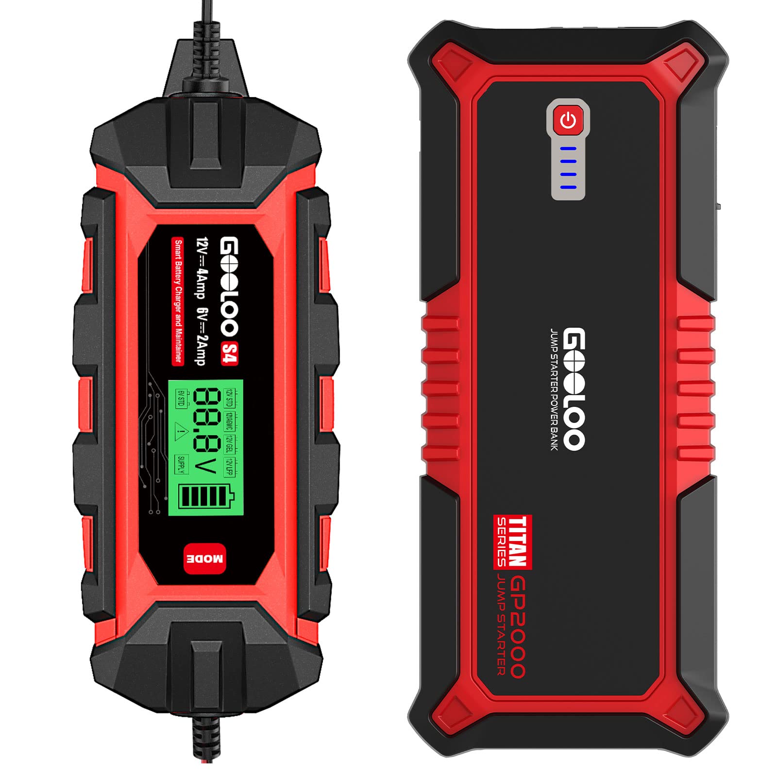 GOOLOO GP2000 Jump Starter & S4 4Amp Car Battery Charger Combo - 9% Off - Emergency Vehicle Jump Start and Battery Maintenance for Cars, Trucks, SUVs, Boats, and Motorcycles
