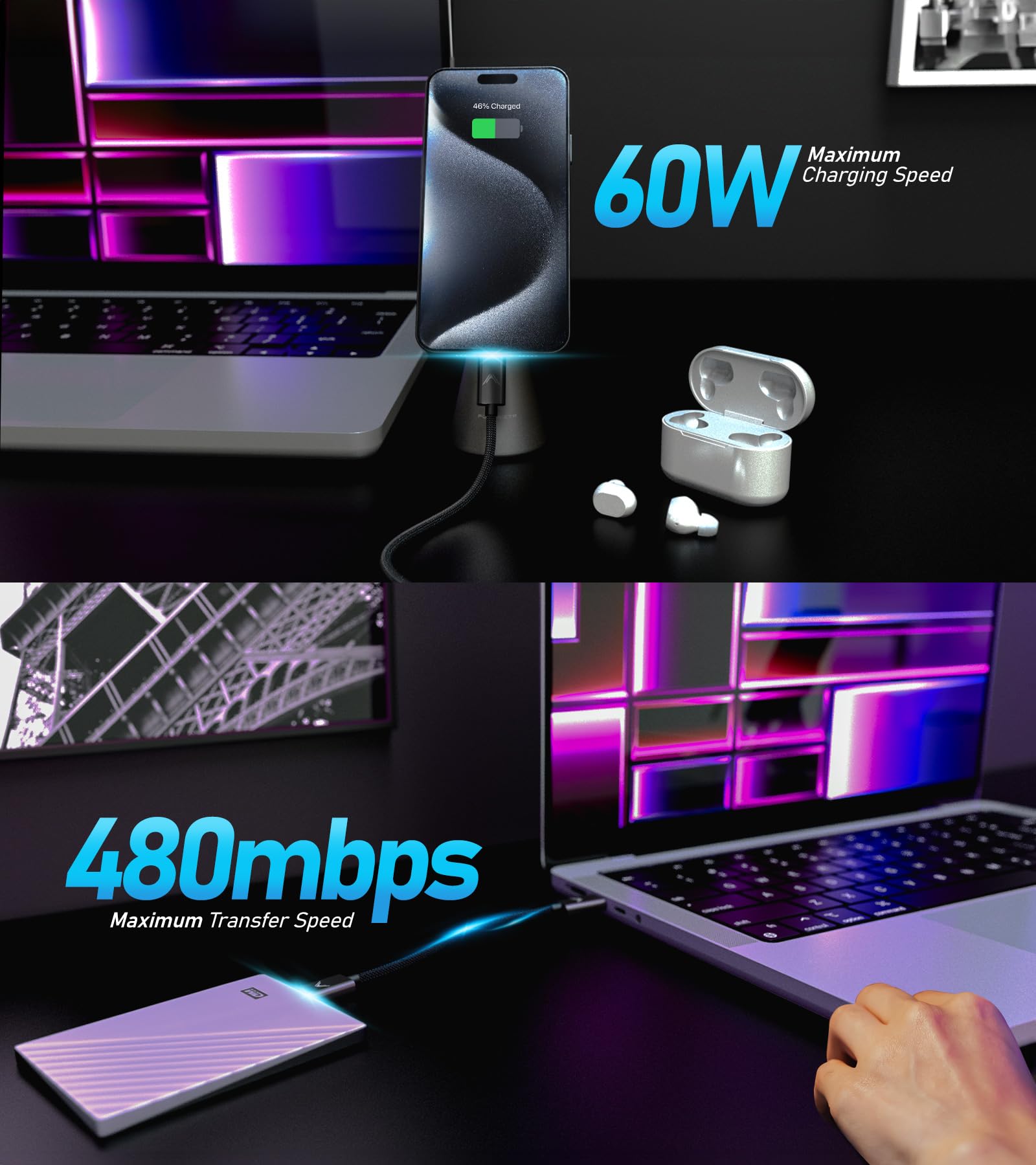 Futurizta Tech® Zeus-X USB-C to USB-C Fast Charging Cable 2-Pack (0.33ft/10cm) 60W PD 3.0 Compatible with Samsung Galaxy, Google Pixel, iPad Pro - Perfect for Travel, Office & Fast Charging Devices