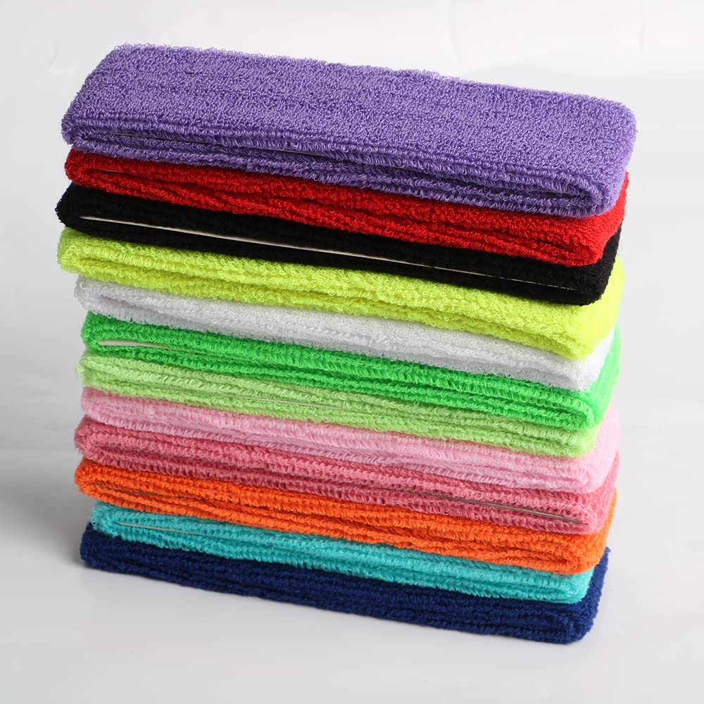 12 Pack Cotton Sweatband Headbands - Stretchy Elastic Terry Cloth Sports Head Wraps for Yoga, Workout, Fitness & Basketball - Perfect for Running, Tennis & Gym Training