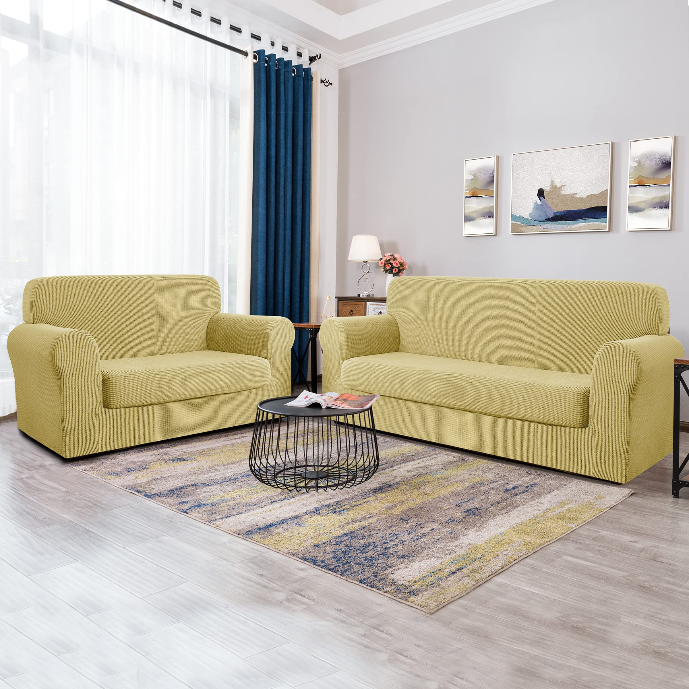 Stretch Sofa Slipcover Set - 2 Piece Jacquard Fabric Couch Cover for 2-3 Seater Sofa & Loveseat, Small Check Pattern in Beige | Perfect for Living Room, Family Room & Home Decor Protection
