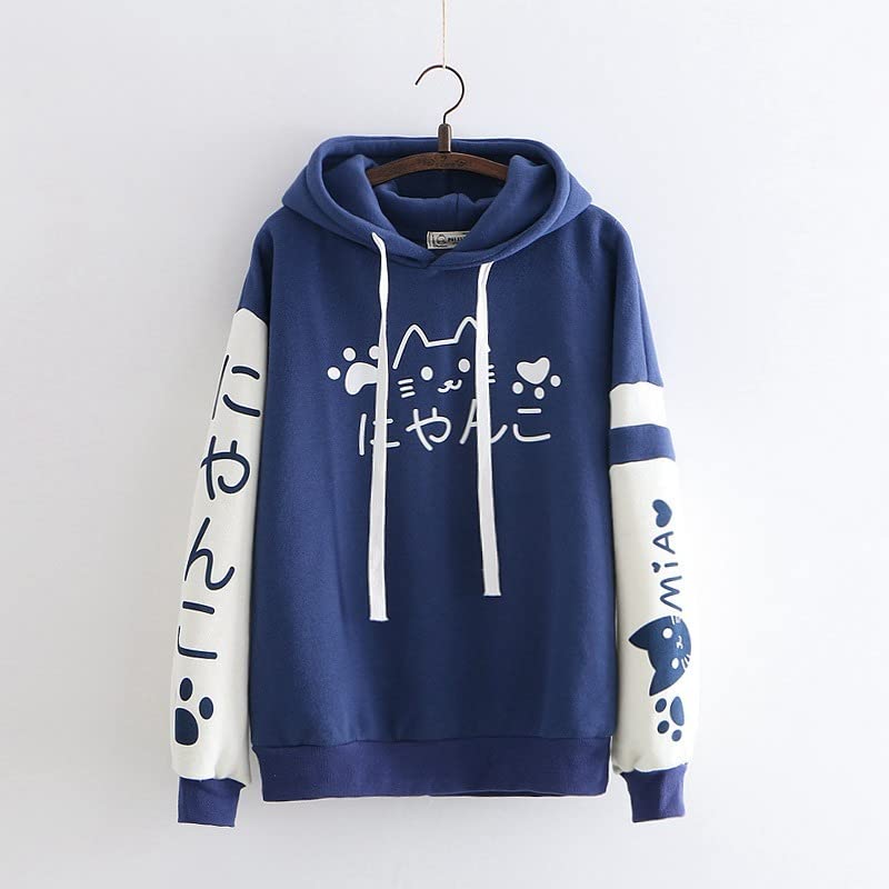 Women's Anime Cute Cat Kawaii Hoodie - Japanese Aesthetic Meow Fleece Hooded Sweatshirt, Korean Style Fall Winter Pullover | Casual Outfit, Cosplay, Streetwear Fashion