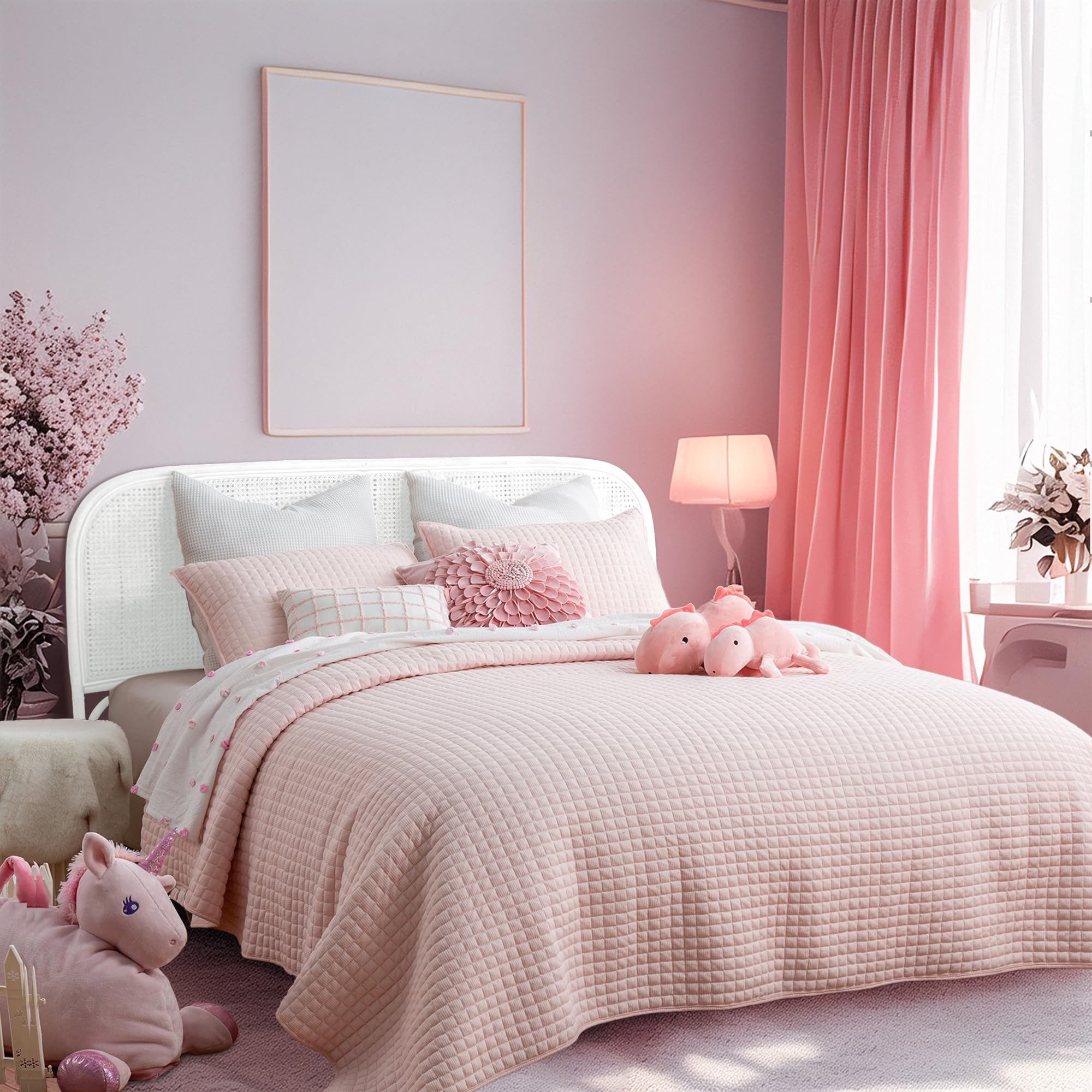 SHALALA Light Pink Waffle Quilt Bedding Set Queen Size - Soft & Breathable All-Season Comforter with 2 Pillow Shams | Cozy Bedspread for Girls' Room, Guest Bedroom & Dorm Decor