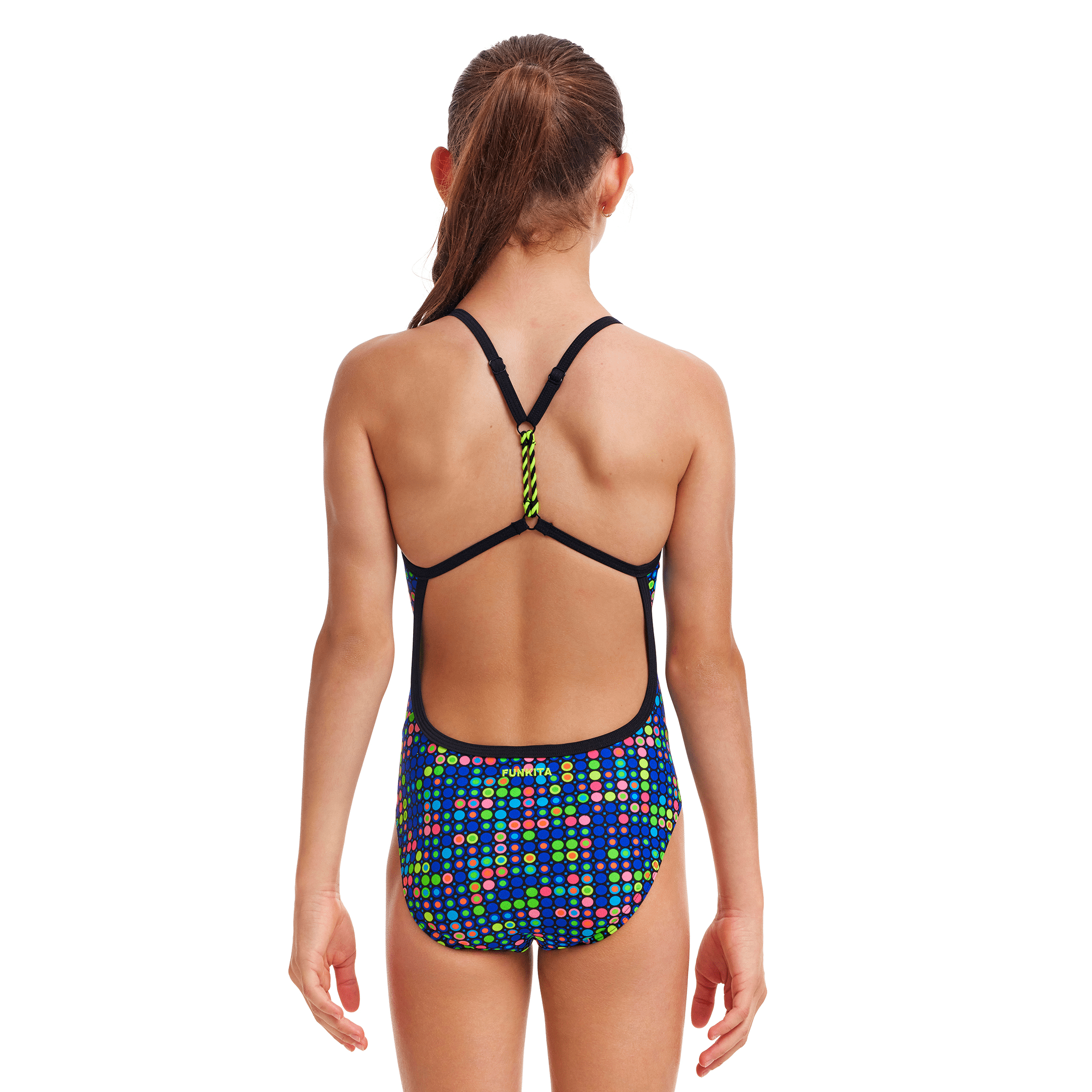 Funkita Dial A Dot Twisted Girls Swimsuit - Trendy One-Piece Bathing Suit for Kids | Perfect for Pool Parties, Beach Vacations & Swim Lessons