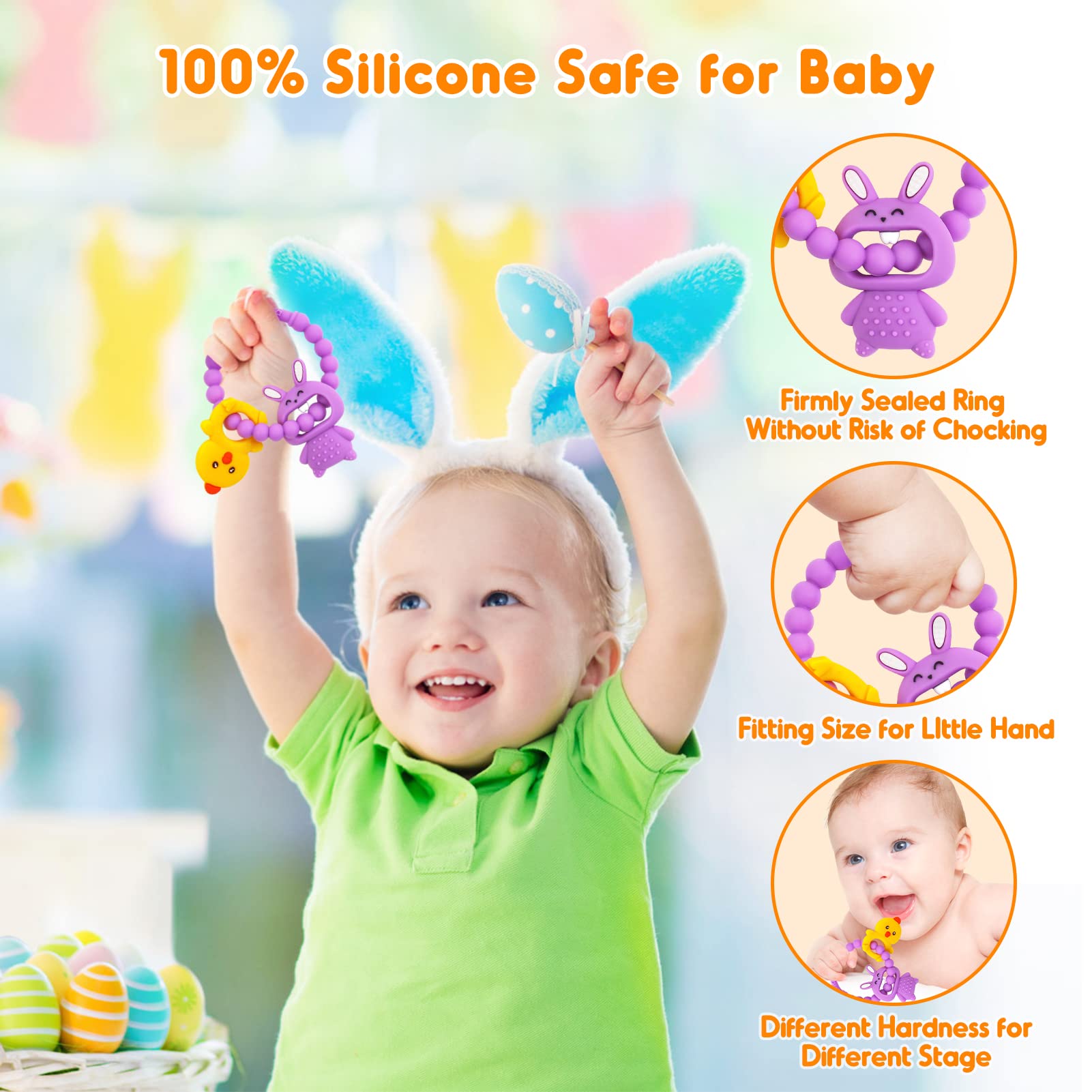 **Easter Teething Toys for Babies 0-12 Months - Soft Silicone Chew Toys for Infants (Purple Bunny & Chicken) - Perfect Easter Basket Stuffers & Gifts for Boys & Girls - Soothe Sore Gums During Playtime & Travel**