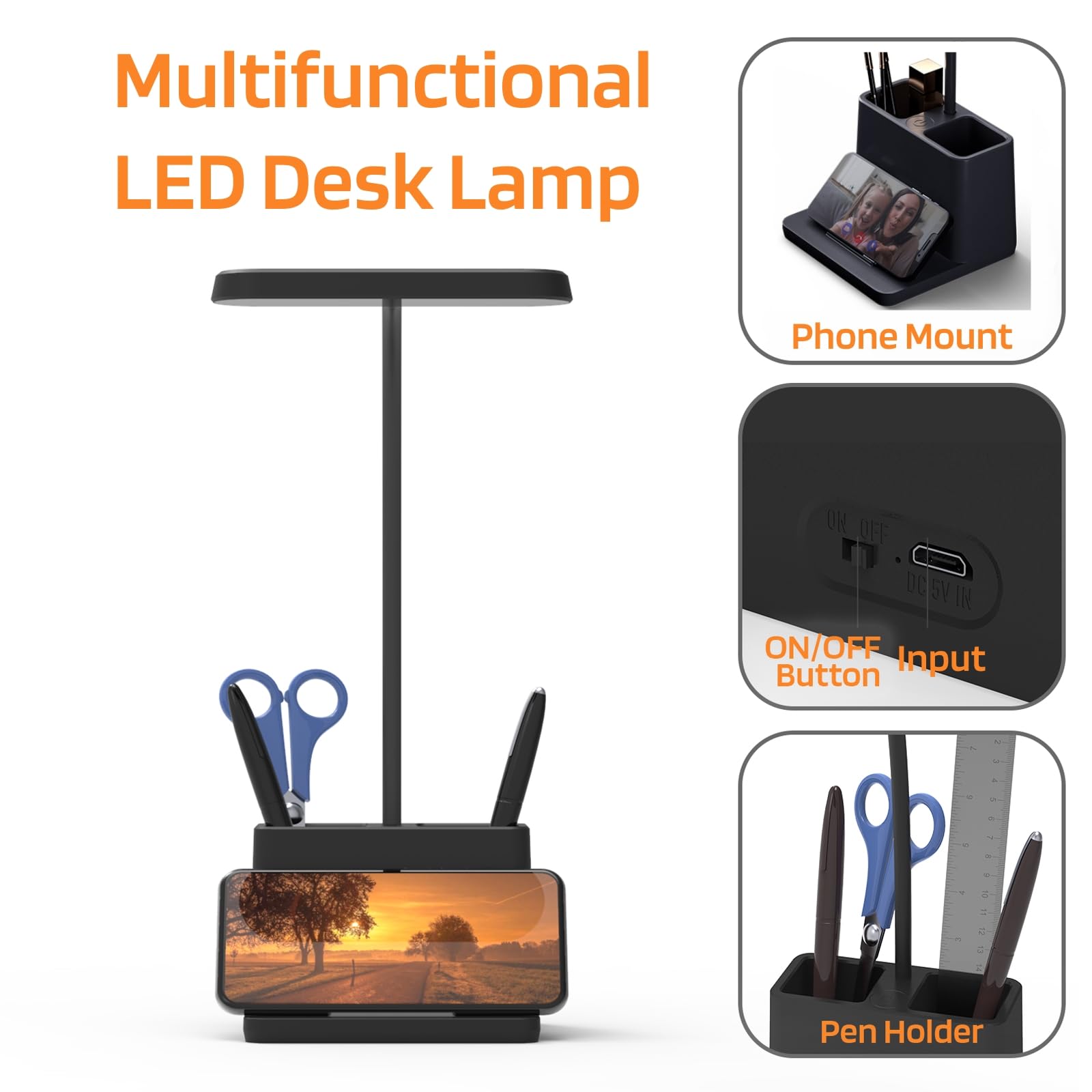 AXX Black LED Desk Lamp - Dimmable Rechargeable Battery Operated Table Light with Flexible Gooseneck, Touch Control, Pen Holder & Phone Mount | Perfect for Home Office, Bedroom, Computer Desktop Study & Reading