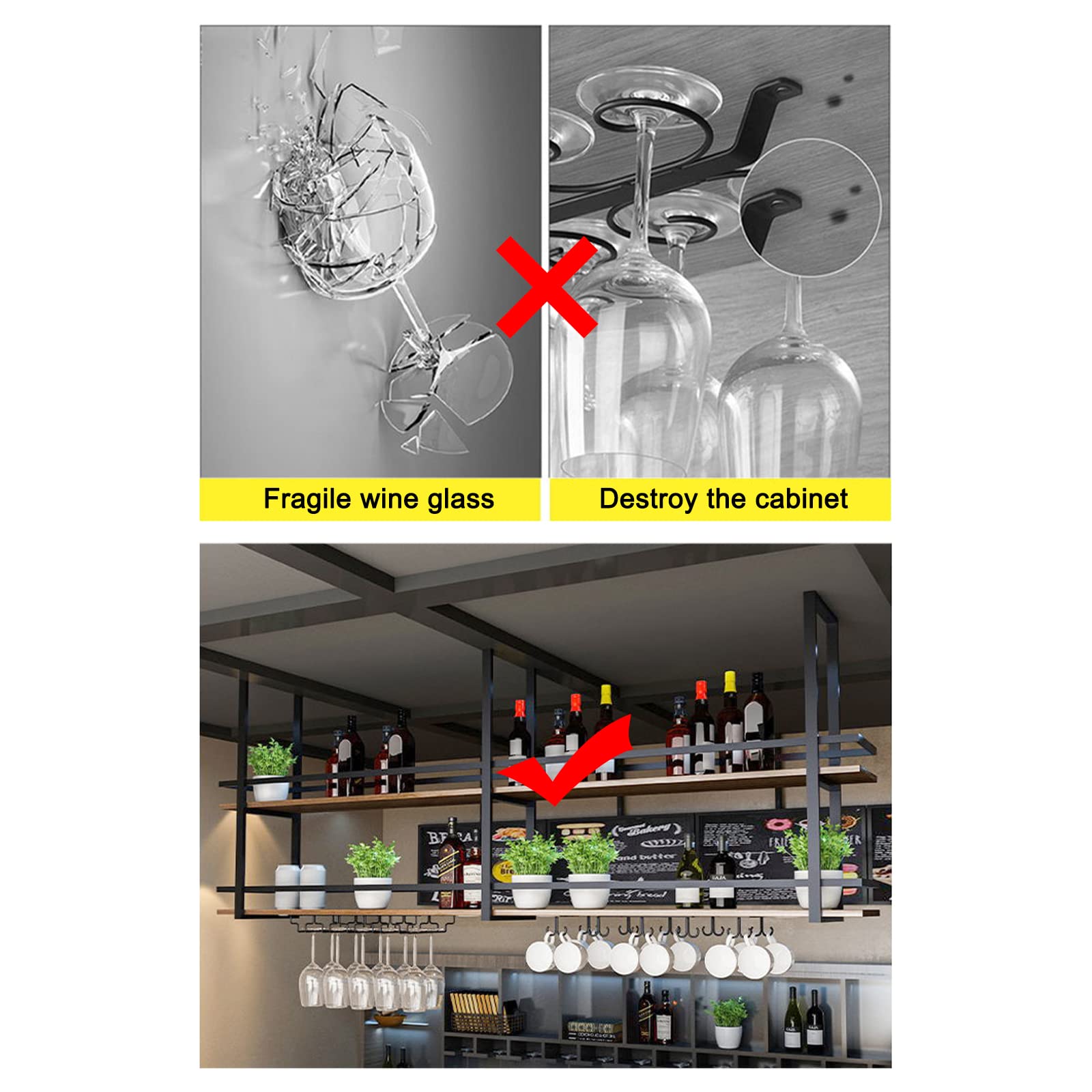 47.2in Gold Metal Ceiling Wine Glass Rack - 2-Tier Industrial Hanging Wine Bottle Holder with Glass Storage Shelf for Bar, Cafe, Kitchen | Perfect for Small Spaces & Stylish Wine Display (47.2×11.8×31.4in)