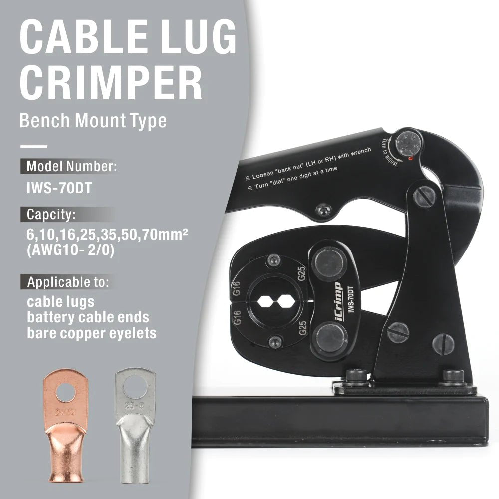 Heavy Duty Battery Lug Crimper for Copper & Aluminum Lugs (6-70mm², AWG 10-2/0) - Bench Mount Hexagonal Crimping Tool for Electrical Wiring, Automotive, Marine & Solar Applications
