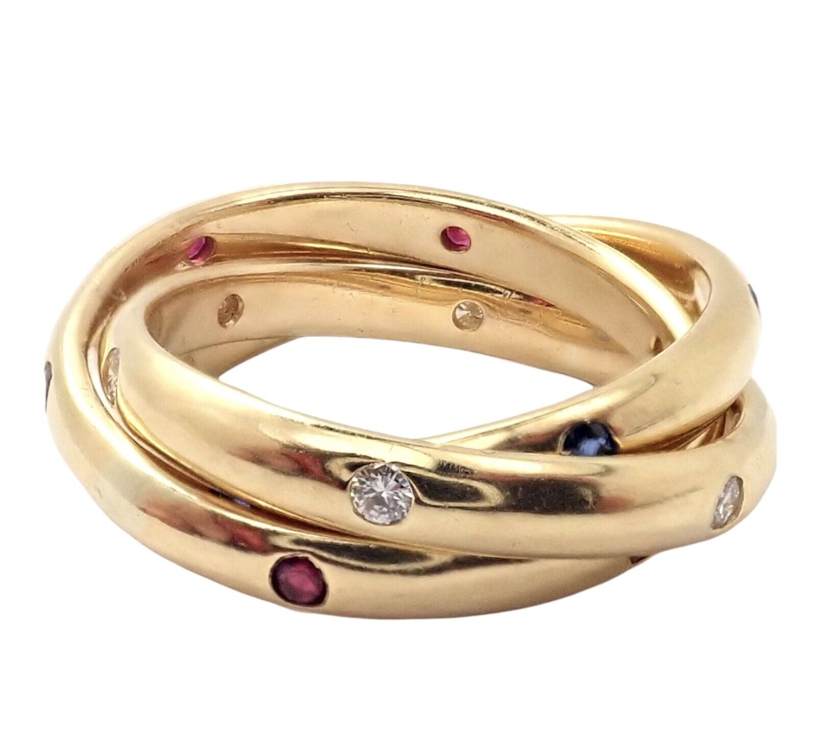 Authentic Cartier 18k Yellow Gold Ruby Sapphire Diamond Trinity Band Ring Vintage 1995 - Luxury Jewelry for Anniversary, Wedding & Special Occasions
