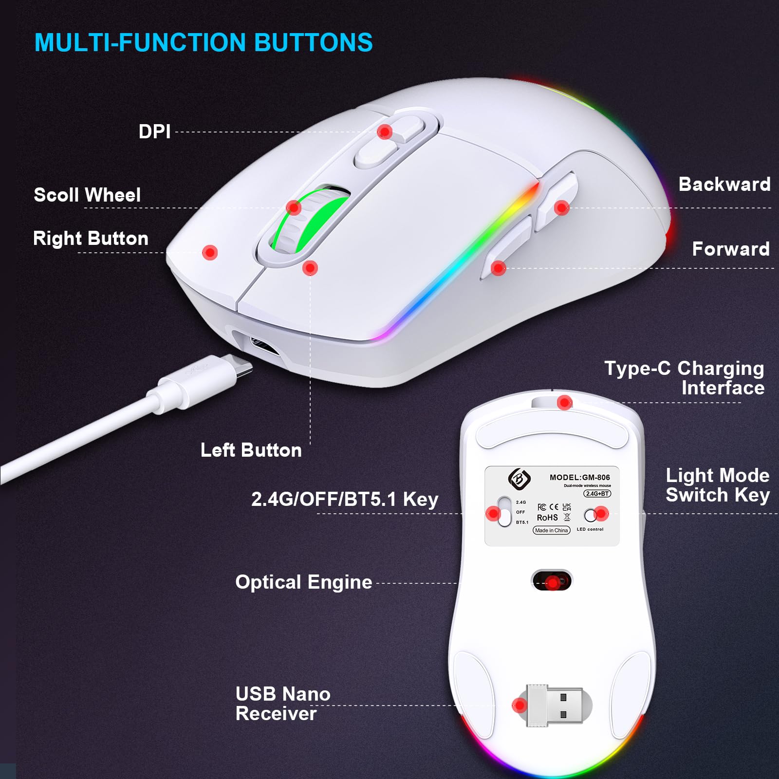 JYCSTE Wireless Gaming Mouse, Dual Mode 2.4GHz/Bluetooth 5.1, RGB Backlit Ergonomic Mouse with 6 Buttons, Rechargeable Computer Mouse for PC, Mac, Laptop (White) - Perfect for Gaming, Office Work, and Home Use