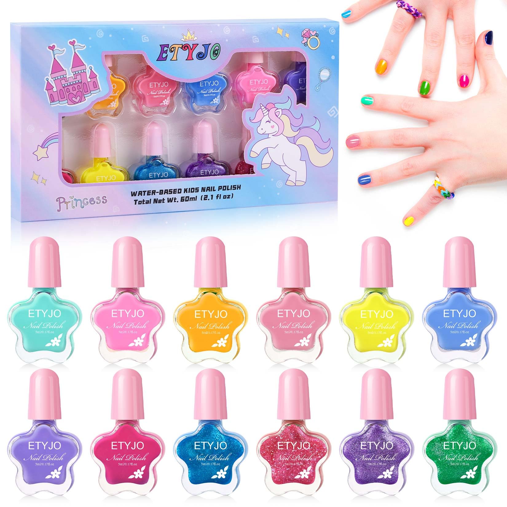 12 Colors Non-Toxic Kids Nail Polish Kit - Water-Based, Safe, Low Odor, Quick Dry & Peel-Off Nail Art Set for Girls Ages 3-12 | Perfect for Birthday Gifts, Playdates & DIY Home Manicures