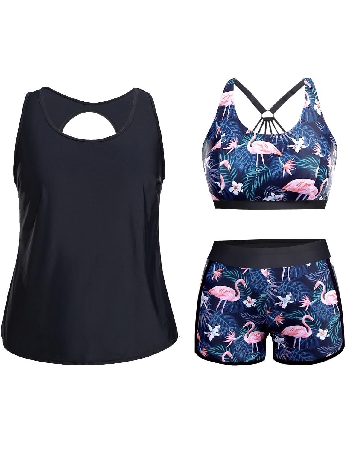 Holipick Women's Plus Size 3 Piece Tankini Swimwear Set - Tummy Control Bathing Suit with Boy Shorts & Sports Bra Top | Perfect for Beach, Pool & Summer Vacations