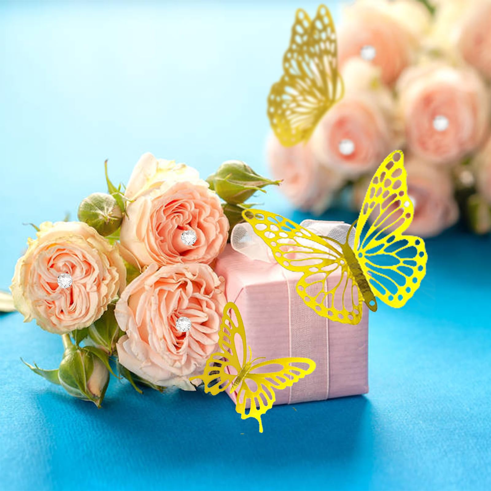 198pcs Bouquet Corsage Pins with 3D Golden Butterfly Stickers - Floral Arrangement Accessories for Wedding, Mother's Day & Party Decor - DIY Flower Diamond Pins for Bouquets, Centerpieces and Gift Wrapping