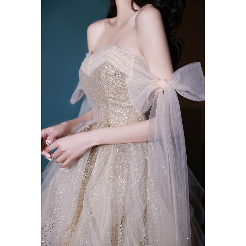 Fairy Champagne Long Party Dress for Women - Sparkly Princess Evening Gown Formal Prom Dress - Perfect for Weddings, Galas & Special Occasions