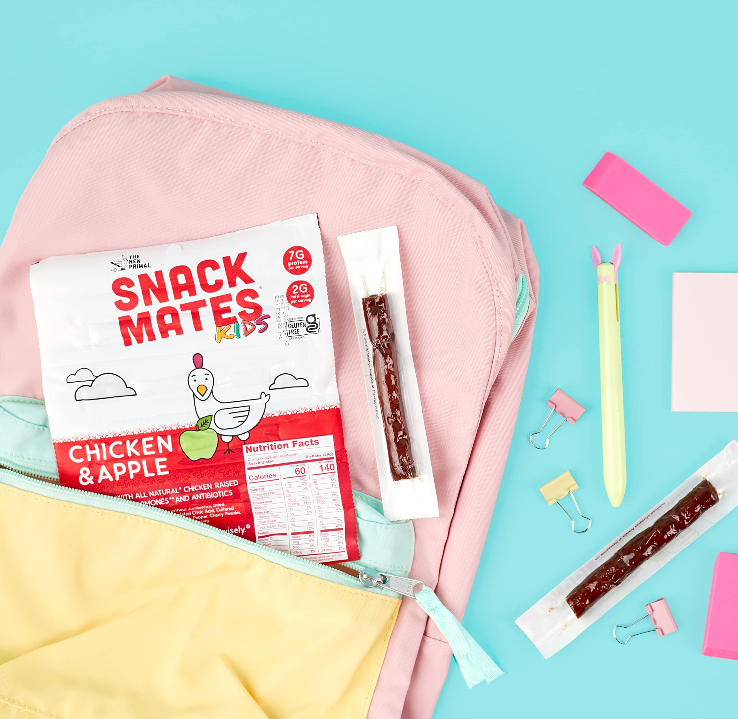 New Primal Snack Mates Chicken & Apple Sticks - Gluten Free, High Protein Healthy Snacks for Kids - 7g Protein, 60 Calories per Stick - Paleo, Keto Friendly Jerky - 40 Pack - Perfect for School Lunches, Hiking & On-the-Go Snacking