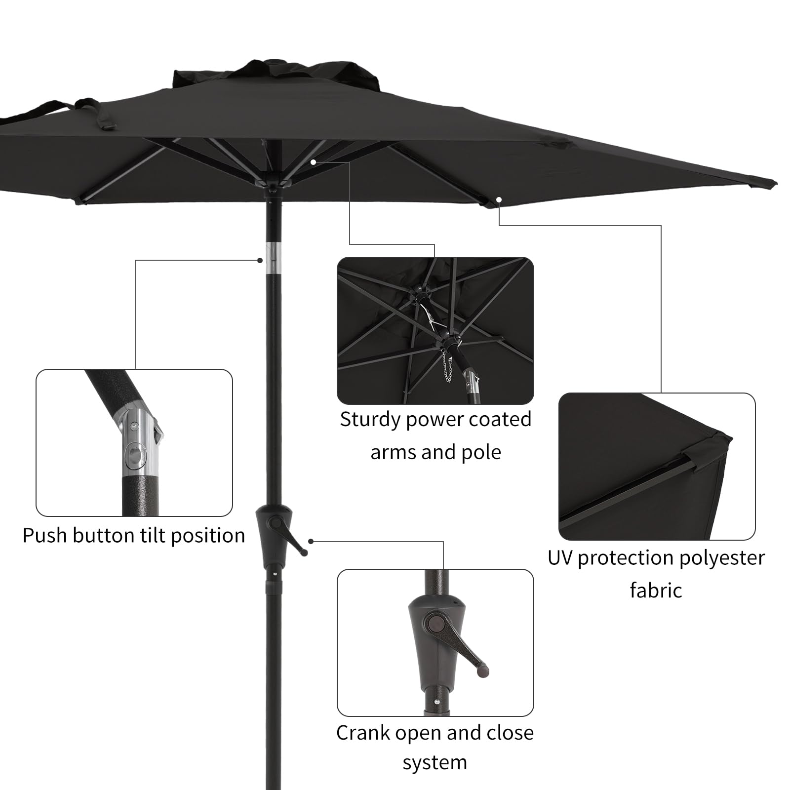Verano 7.5ft Outdoor Patio Umbrella with Push Button Tilt & Crank - Black Market Umbrella for Garden, Deck, Poolside & Dining Areas - Perfect for Shade in Backyard, Restaurant or Beach
