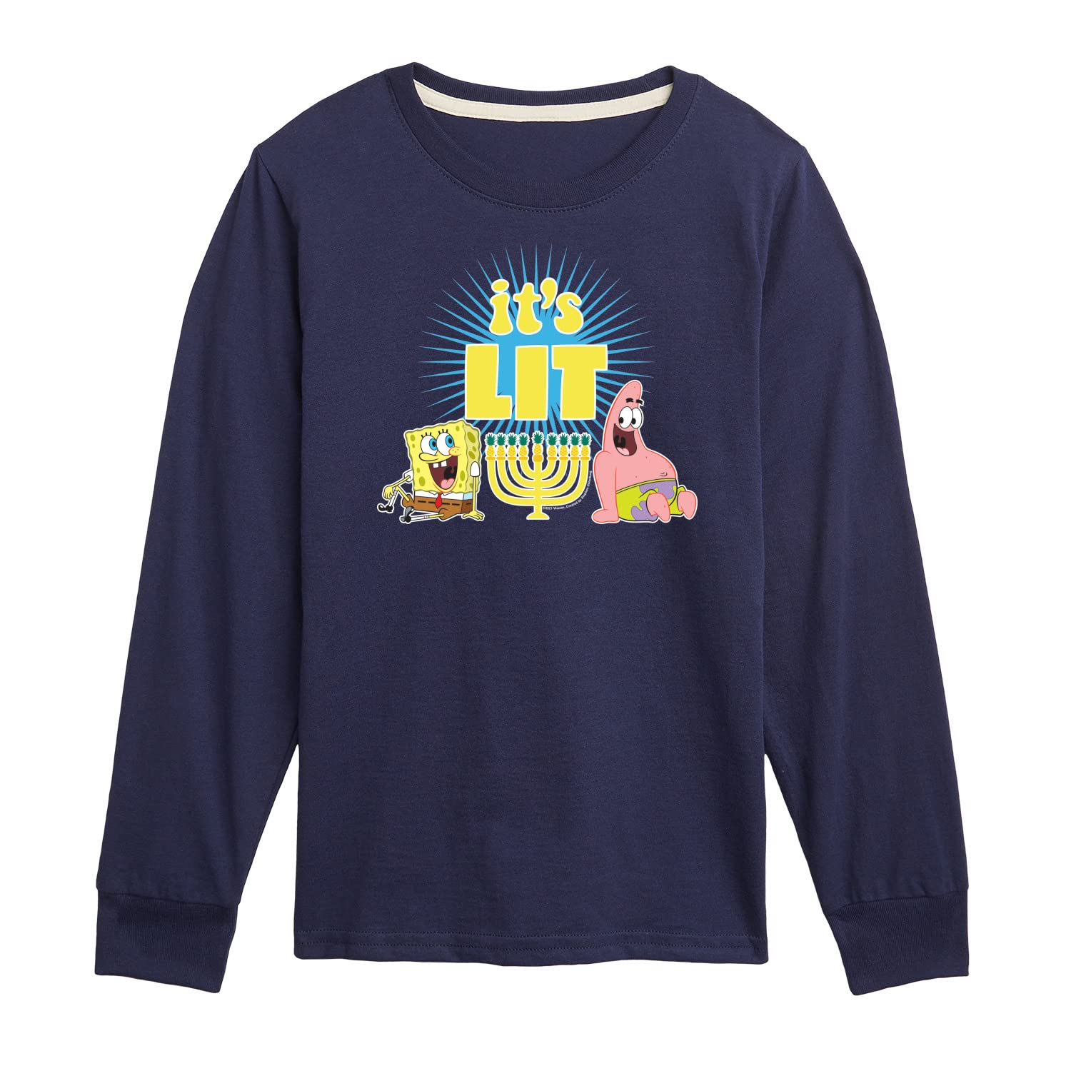 HYBRID APPAREL Spongebob Squarepants It's Lit Hanukkah Toddler & Youth Long Sleeve Graphic T-Shirt - Fun Holiday Wear for Kids Celebrations & Family Gatherings
