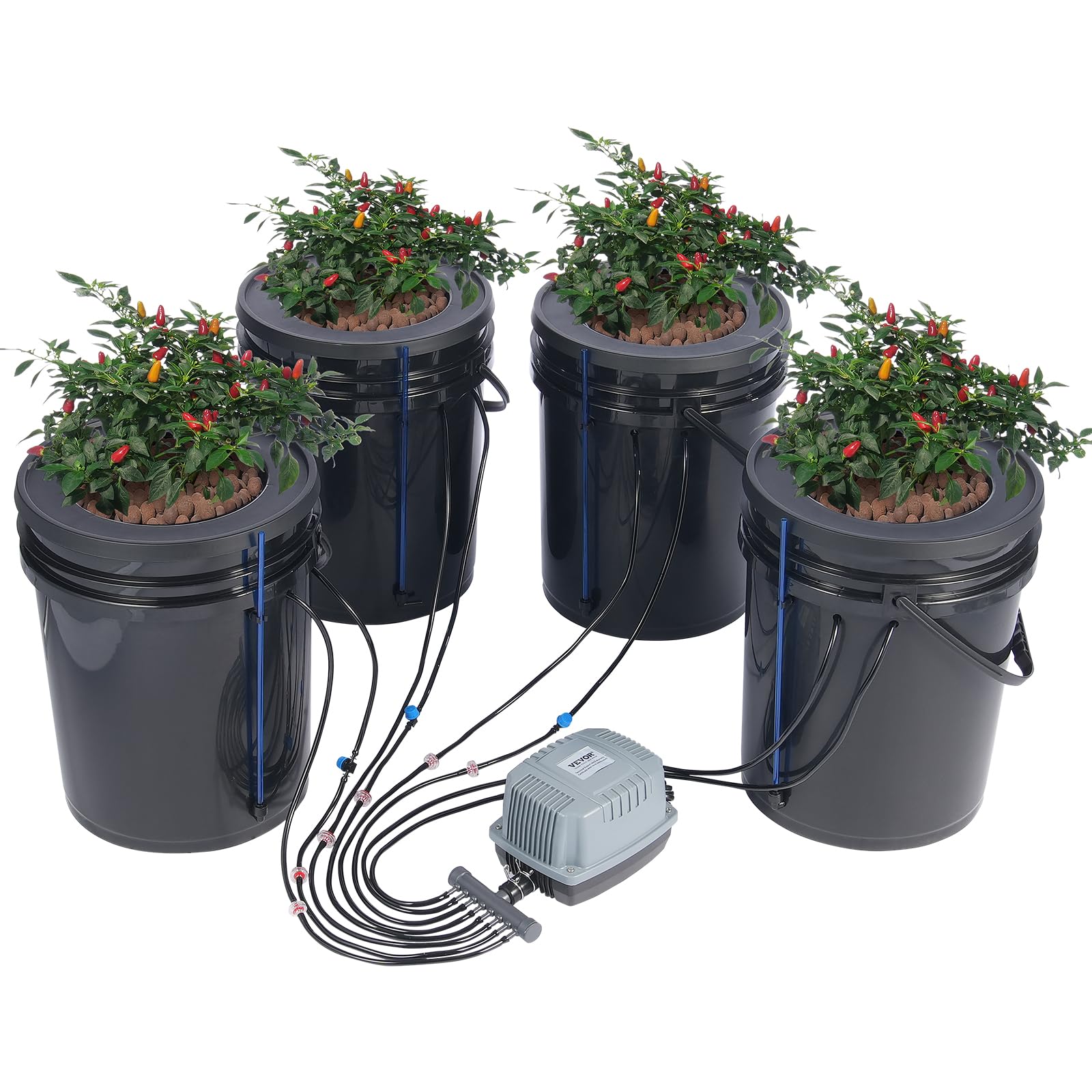 VEVOR 5-Gallon DWC Hydroponic Grow System with Top Drip Kit - 4 Bucket Deep Water Culture Kit Includes Air Pump, Air Stones & Water Level Indicator for Leafy Greens - Perfect for Indoor Herb Garden, Lettuce & Vegetable Hydroponics Farming
