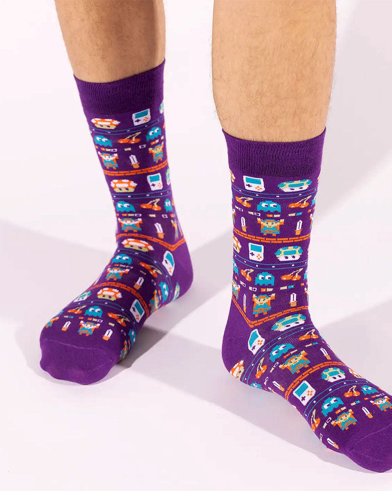 Retro Gamer Socks for Men & Women - 80s 90s Vintage Video Game Inspired Crew Socks - Perfect Gift for Gamers, Cosplay & Everyday Wear