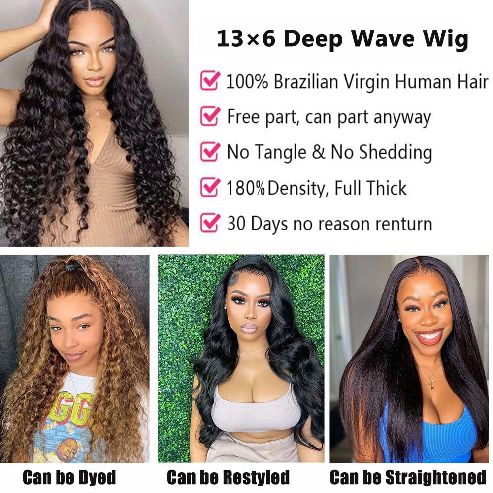 30 Inch 13x6 Lace Front Wigs Human Hair Deep Wave - Pre Plucked with Baby Hair 180% Density Glueless Curly Wig Natural Color - Perfect for Daily Wear, Cosplay, and Special Occasions