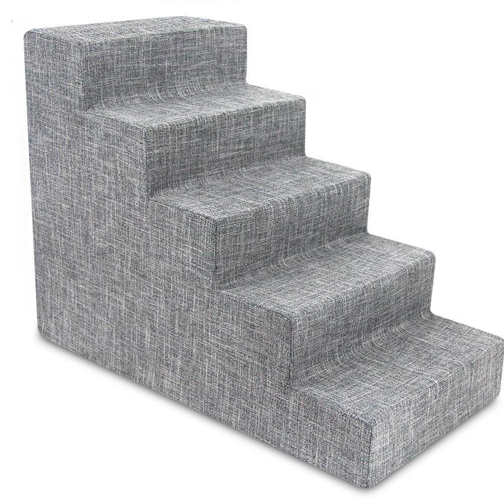 Best Foam Pet Steps for Small Dogs & Cats - Non-Slip 5-Step Dog Stairs for Couch, Sofa & High Bed - Portable Indoor Pet Ramp with Balanced Support (Ash Gray Linen) - Perfect for Elderly Pets & Post-Surgery Recovery