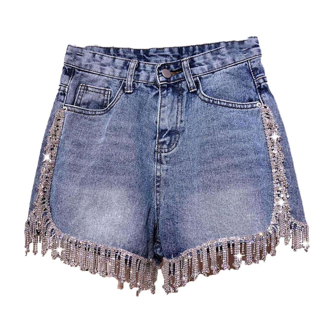Women's Rhinestone Tassel Denim Shorts - High Waist Wide Leg Distressed Jean Shorts with Patchwork & Studded Details | Perfect for Streetwear, Summer Outfits & Music Festivals