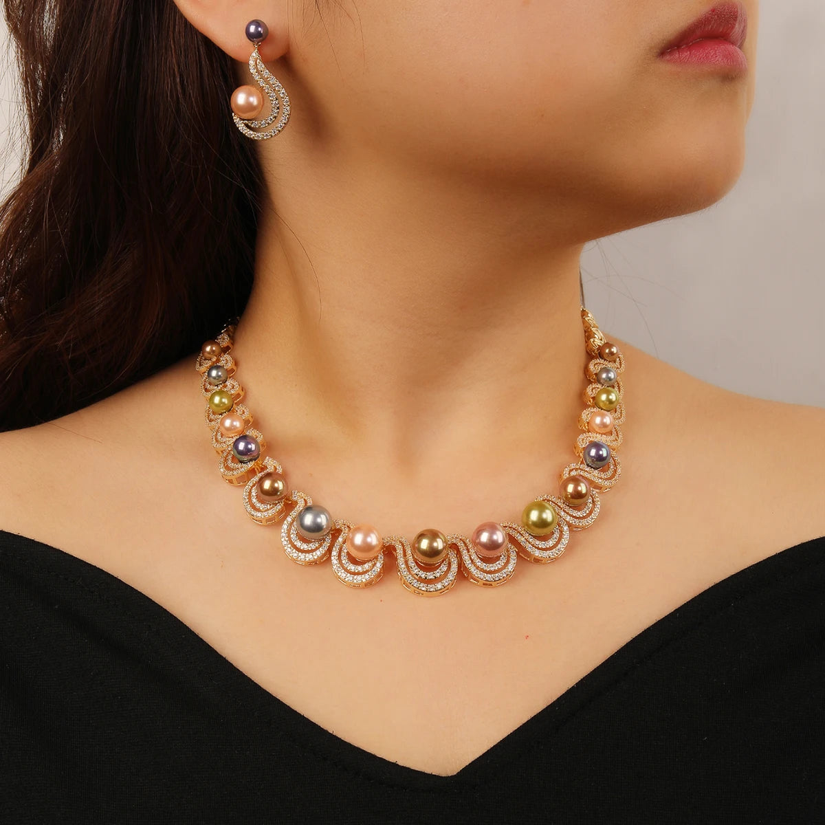 Luxury White Pearl Necklace & Earrings Set with Cubic Zirconia - Elegant Bridal Jewelry for Weddings, Parties & Special Occasions - Women's Fashion Jewelry CN11356